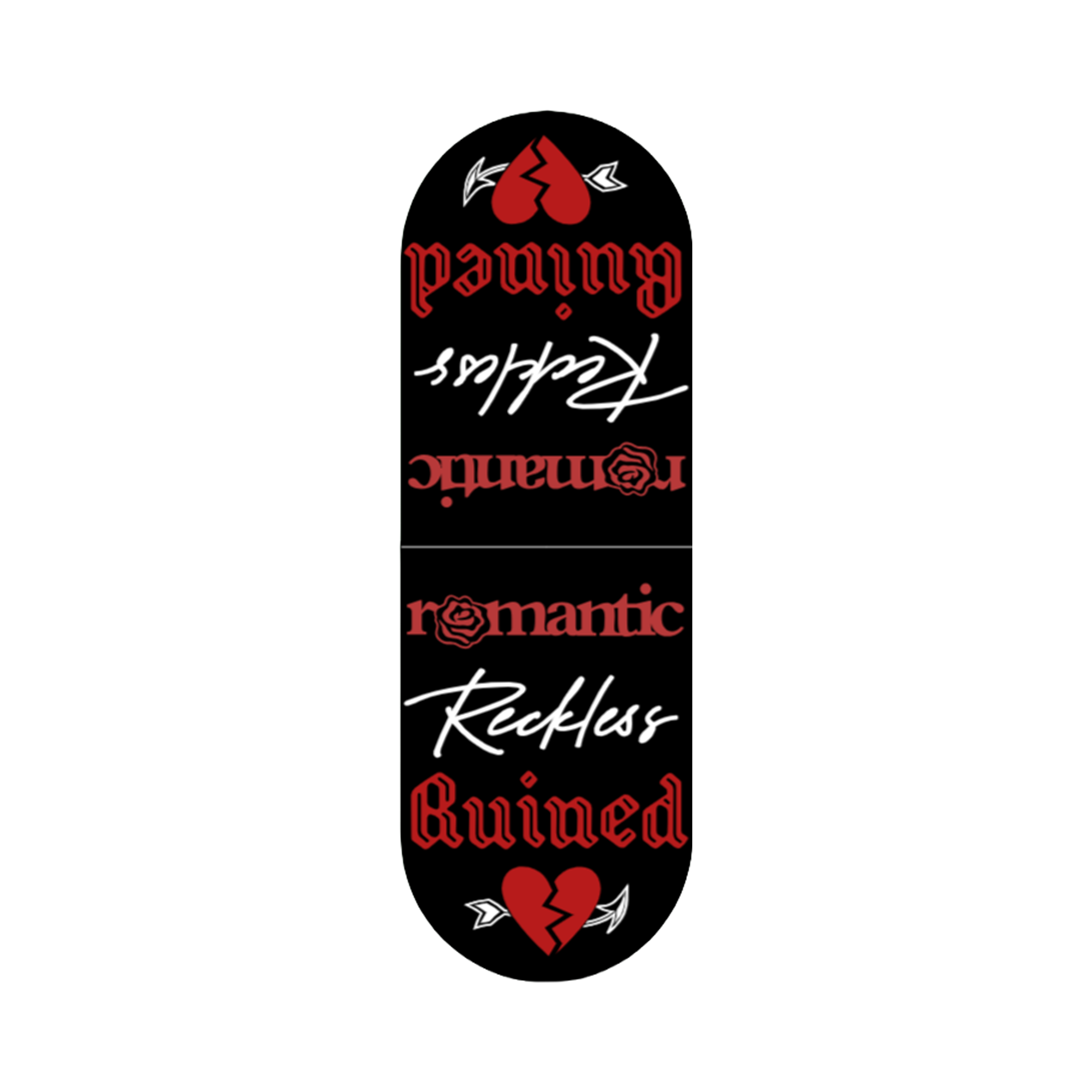 Magnetic bookmark featuring the quote "romantic, reckless, ruined" in black with white text