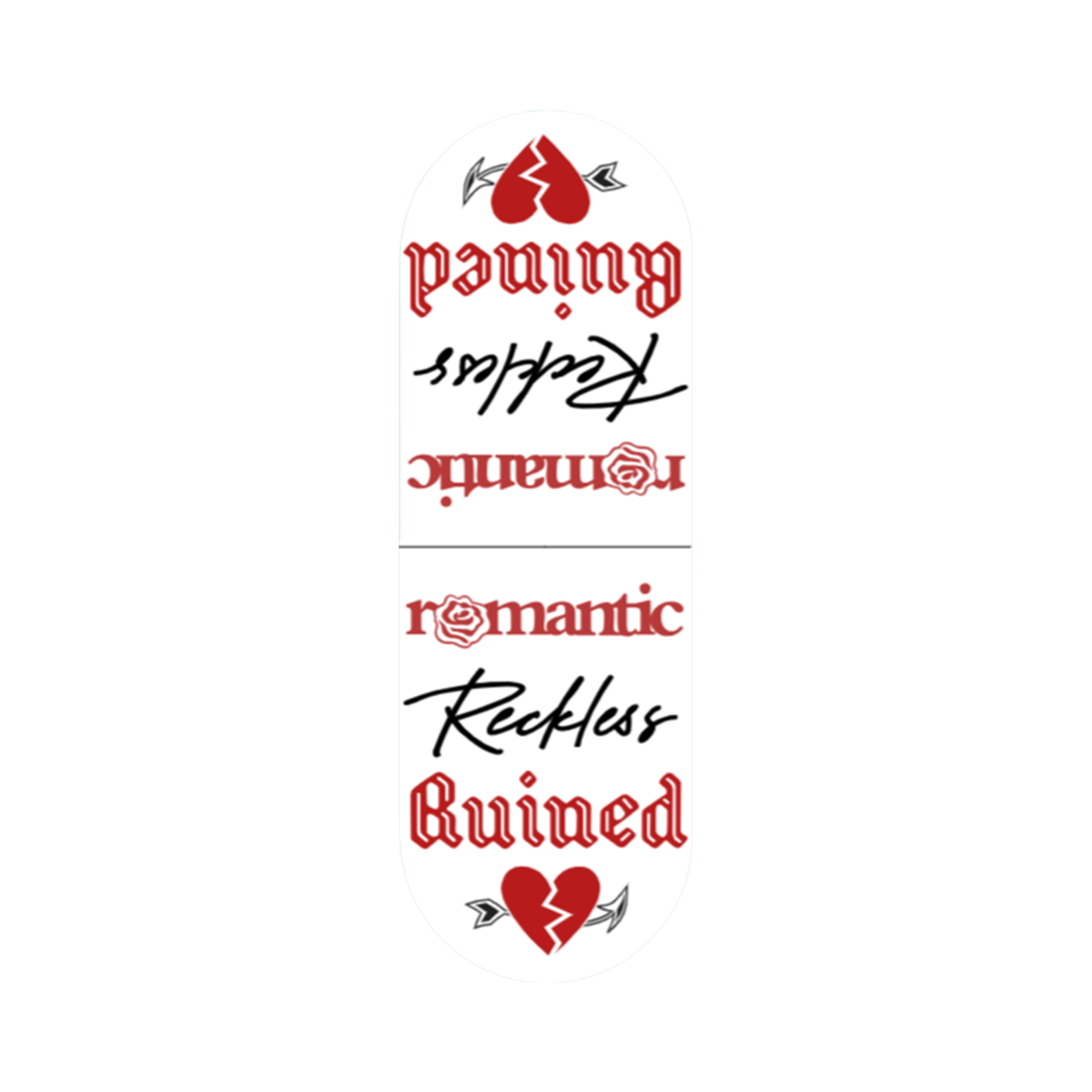 Magnetic bookmark featuring the quote "romantic, reckless, ruined" in white with black text
