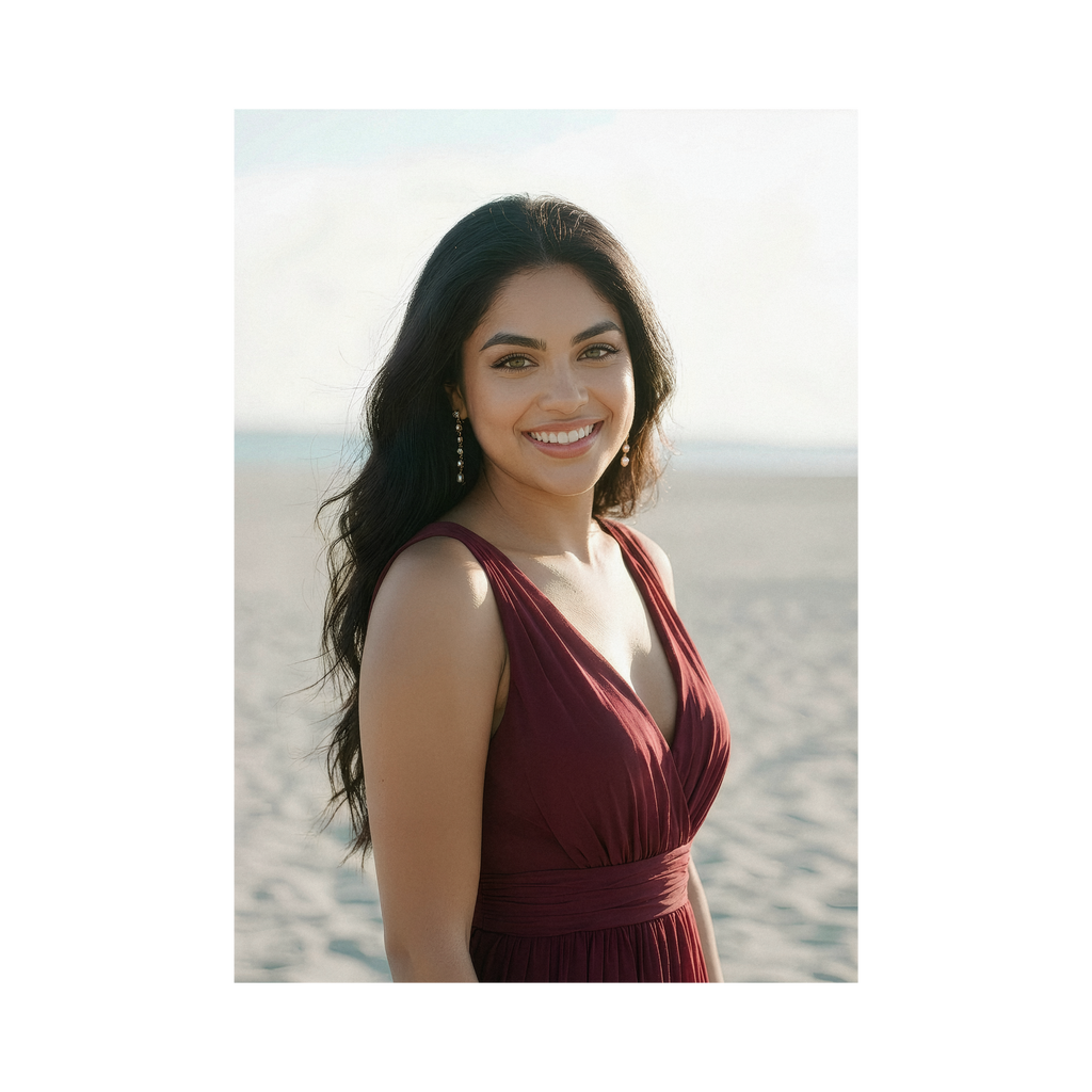 A soft-toned photo of Judith smiling at the camera, her green eyes sparkling, standing in front of the ocean wearing a burgundy dress.