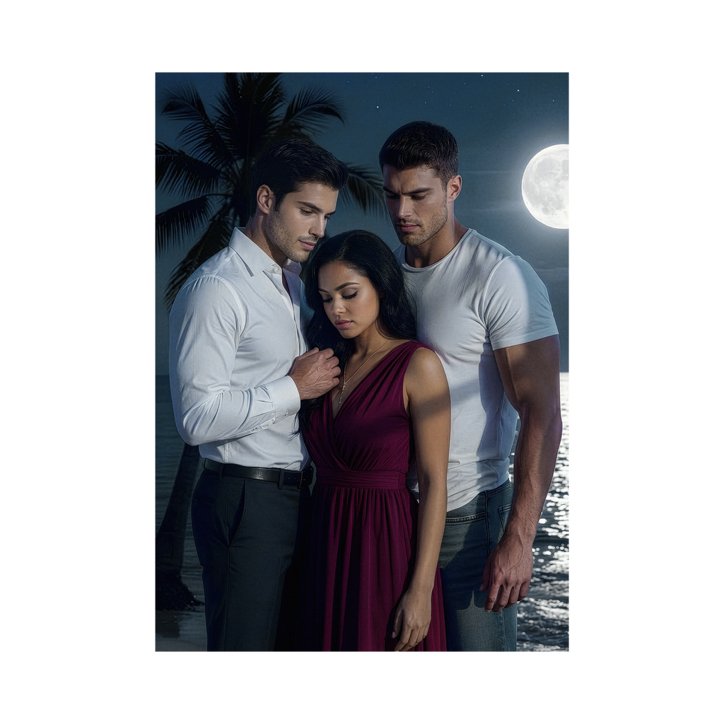 A photo of Judith flanked by Nicolas and Justin the moon shining behind them on the ocean, a palm tree looming behind them; all are downcast, somewhere aching.