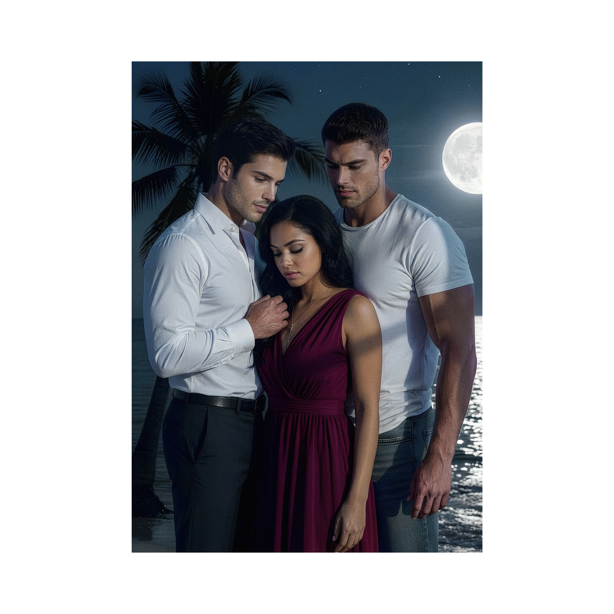 A photo of Judith flanked by Nicolas and Justin the moon shining behind them on the ocean, a palm tree looming behind them; all are downcast, somewhere aching.