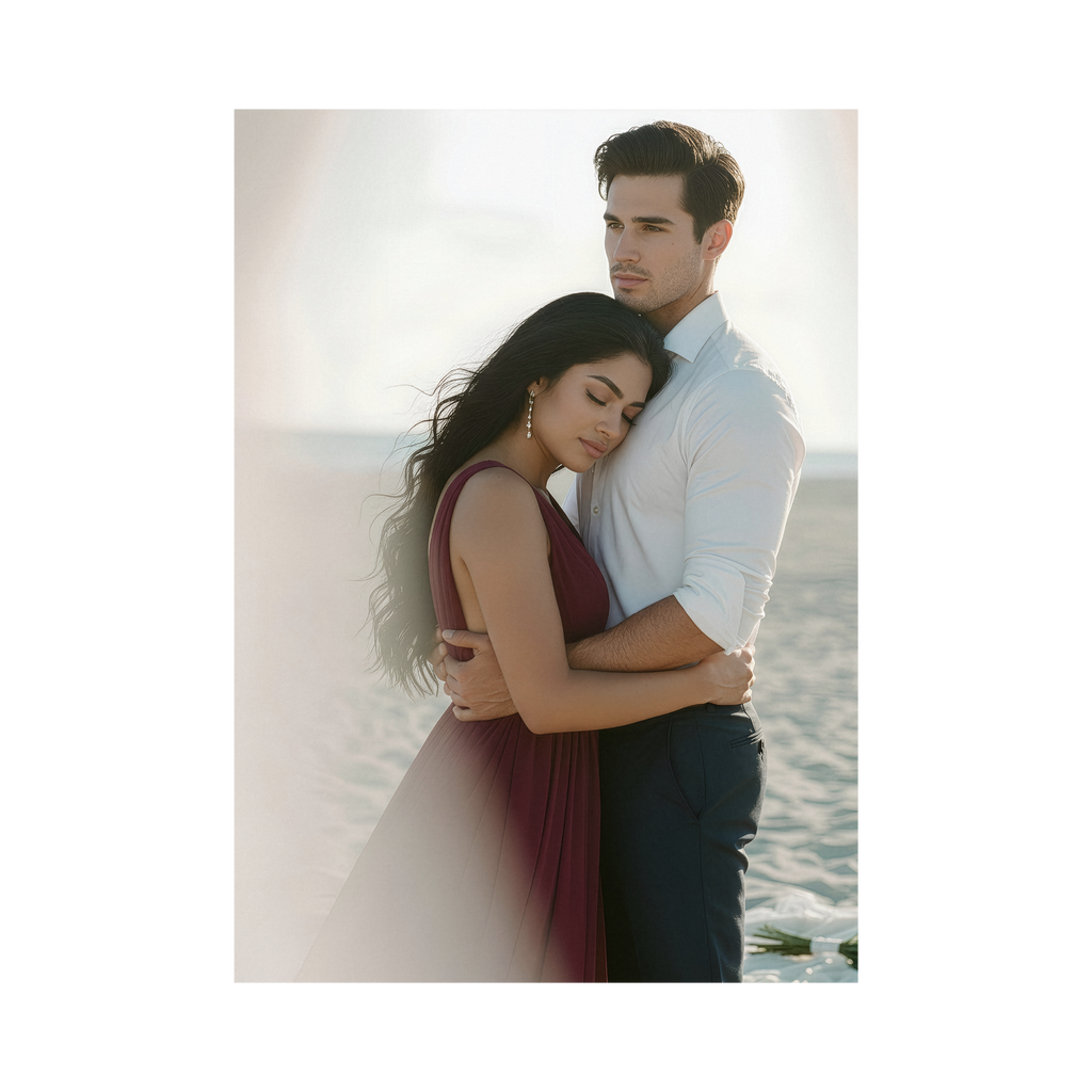 A photo of Judith hugging Nicolas in front of the ocean her head laying against is chest, her expression is one of serenity and joy, his eyes reflect pure contentment.