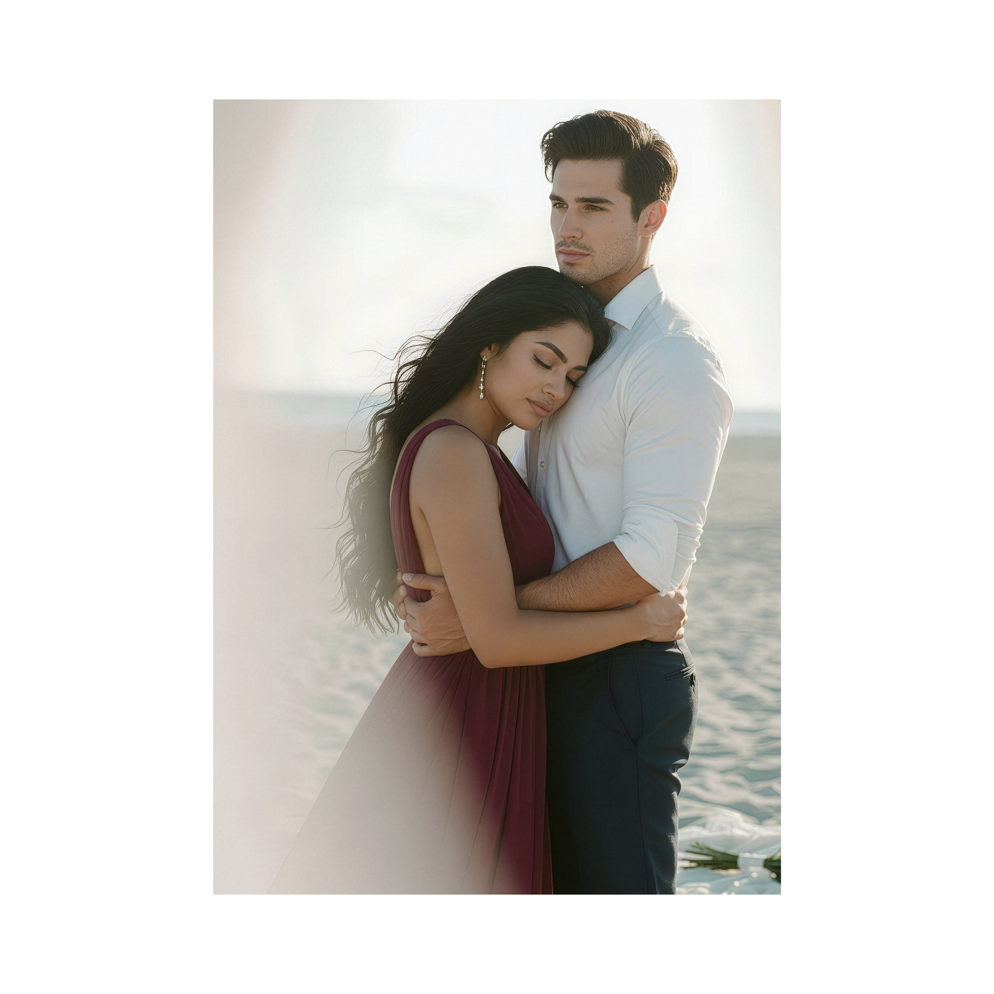 A photo of Judith hugging Nicolas in front of the ocean her head laying against is chest, her expression is one of serenity and joy, his eyes reflect pure contentment.