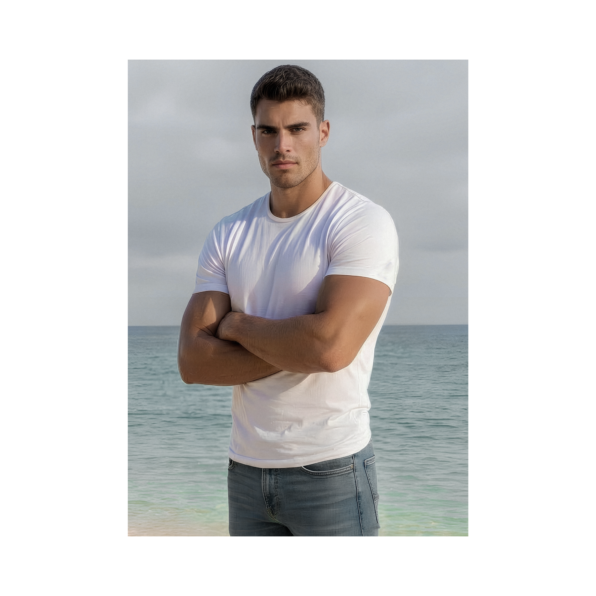 A photo of Justin staring intensely at the camera with his arms folded, wearing a fitted white t-shirt and faded jeans standing in front of the ocean. 