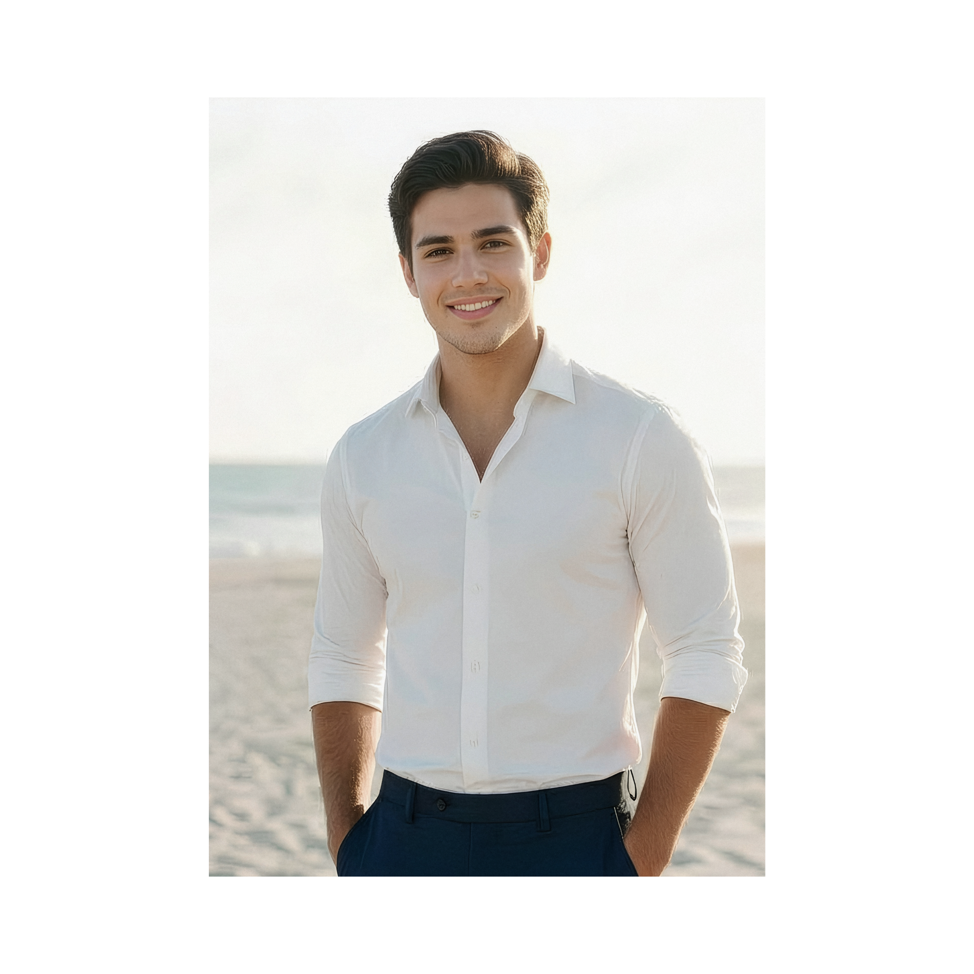 A soft-toned photo of Nicolas smiling at the camera, hands in his pockets his dark eyes sparkling, standing casually in front of the ocean wearing a white dress shirt and dark blue slacks.