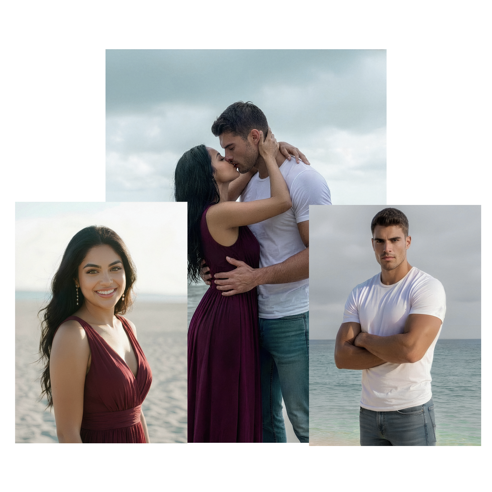 The Somewhere Aching Series Character Art of Judith and Justin, individual photos and one of them kissing.