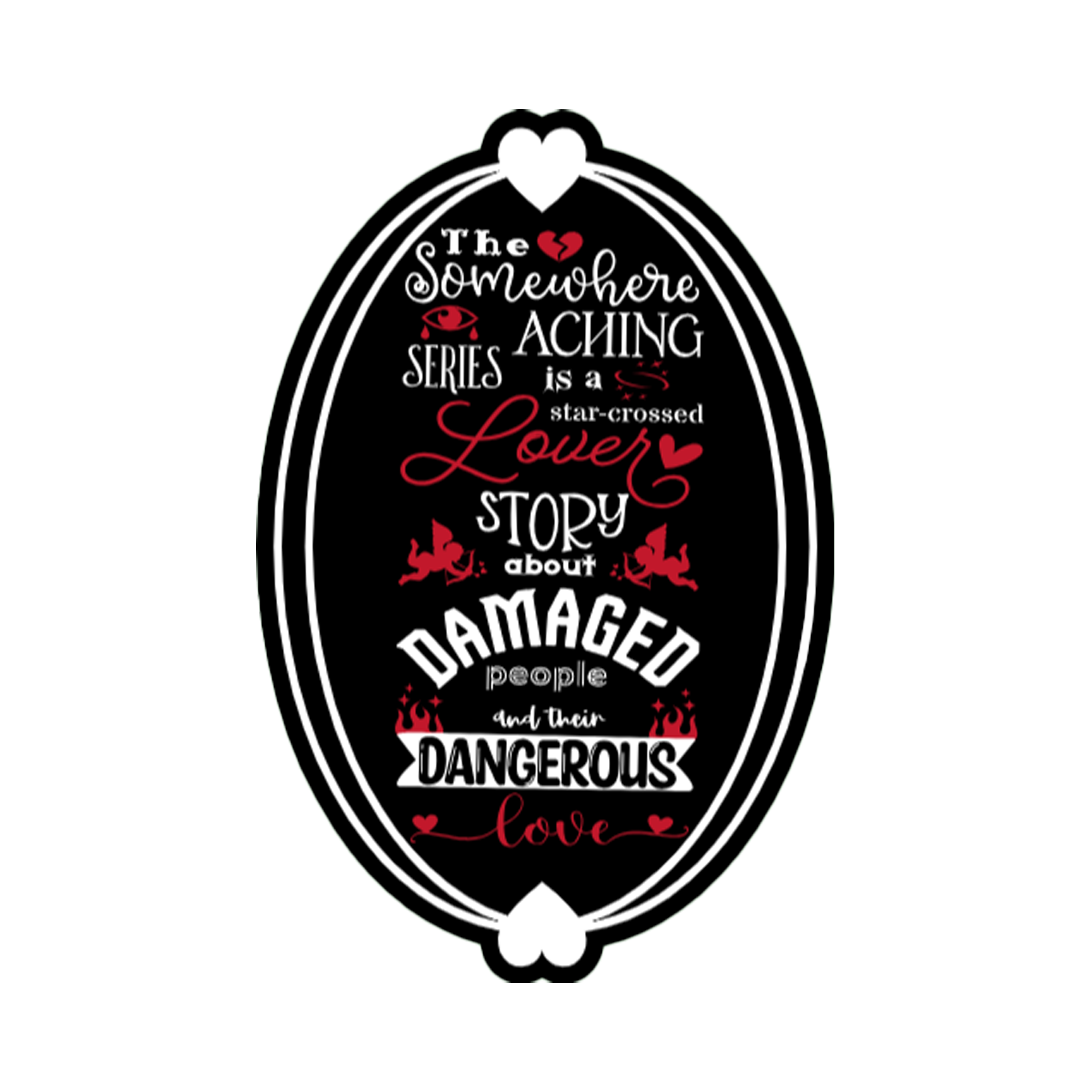 A 2x3 glossy vinyl black oval sticker features the SA series theme in a black‑white‑red design.