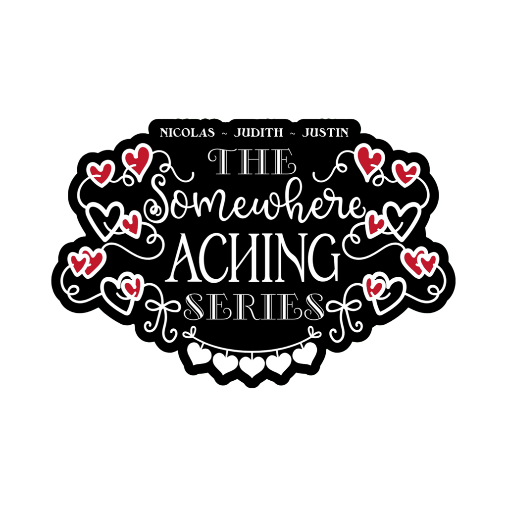 A 2x3 glossy vinyl black bubble sticker features the series theme in a black‑white‑red design.