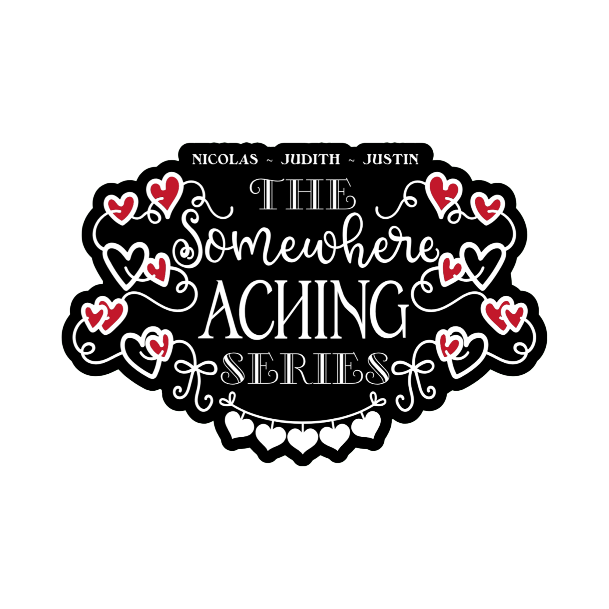 A 2x3 glossy vinyl black bubble sticker features the series theme in a black‑white‑red design.