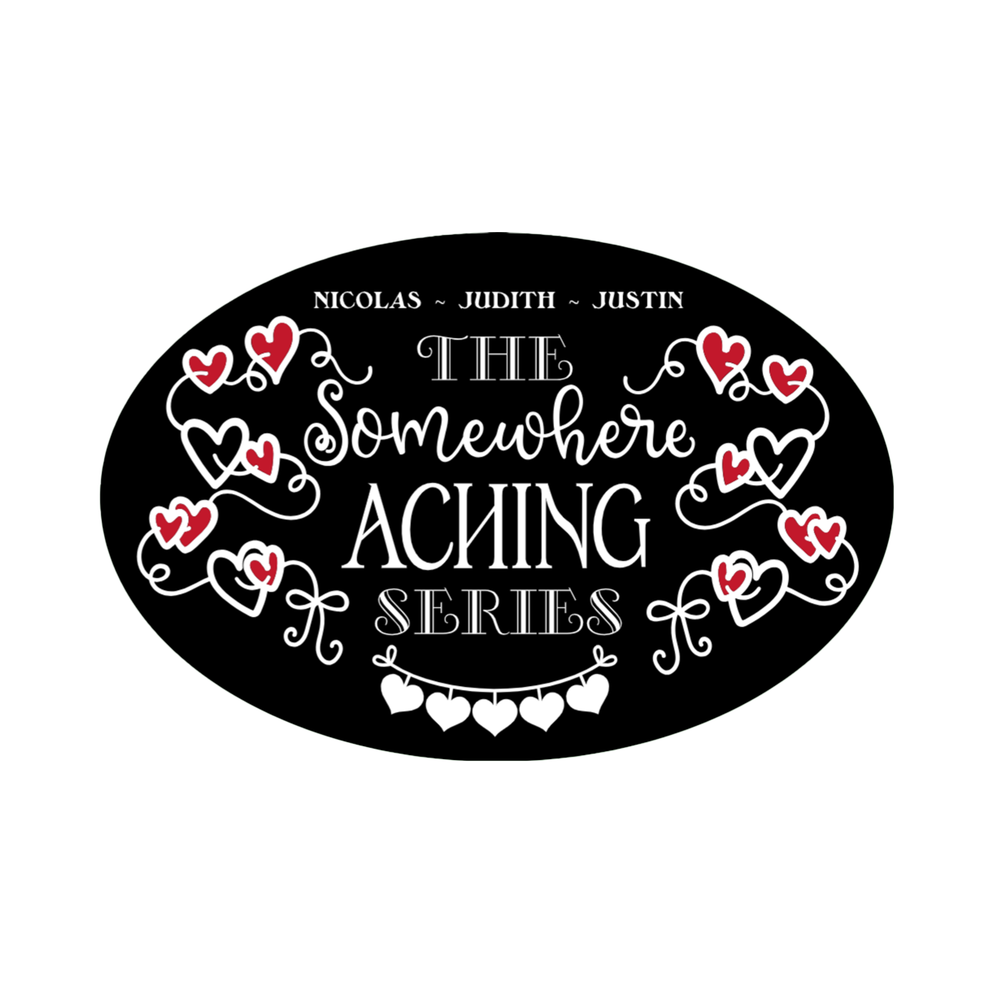 A 2x3 glossy vinyl black oval sticker features the series theme in a black‑white‑red design.