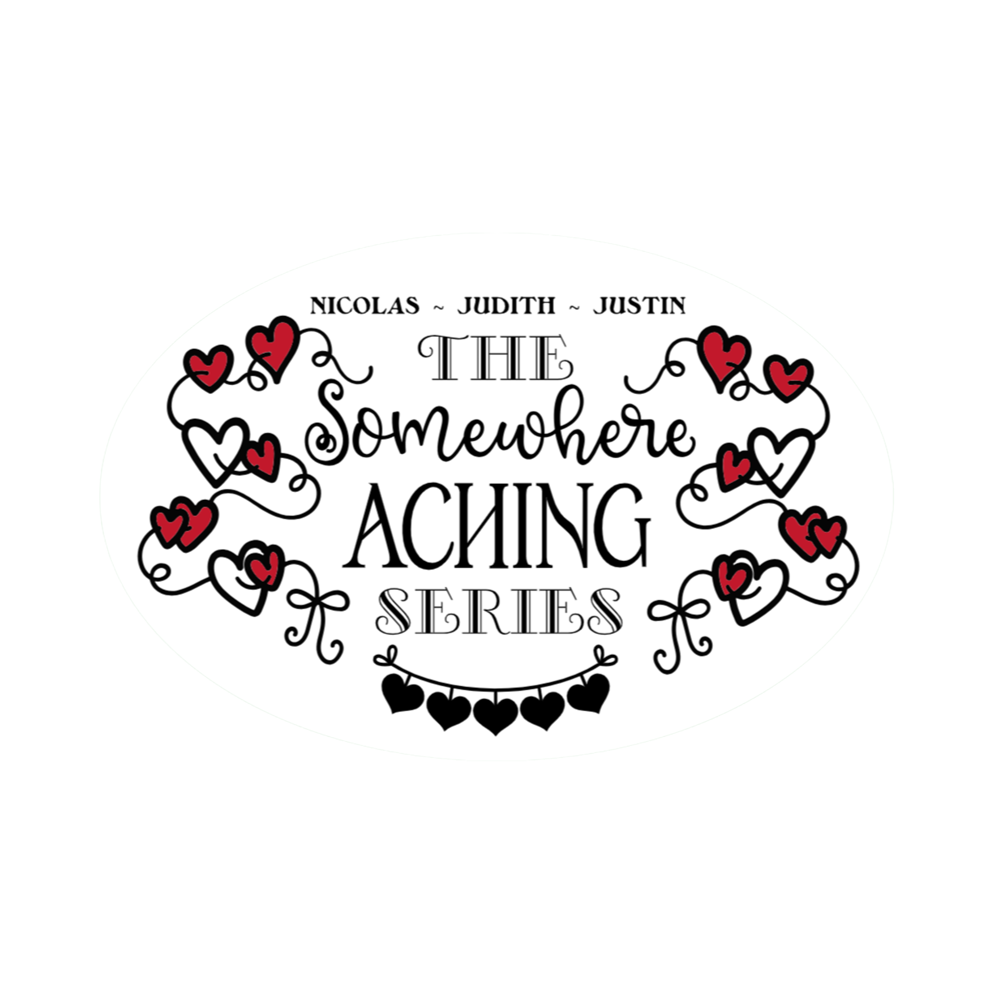 A 2x3 glossy vinyl white oval sticker features the series theme in a black‑white‑red design.