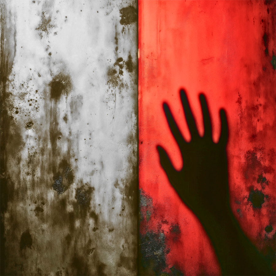 Shadow of a hand on a red and white striped background