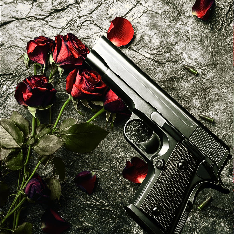Pistol with red roses on a textured surface