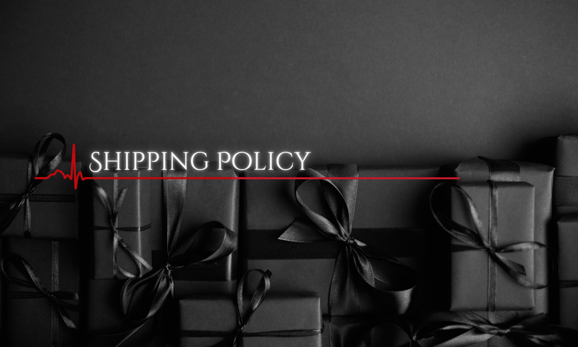 Dark-themed image with wrapped gifts and 'Shipping Policy' text overlay.