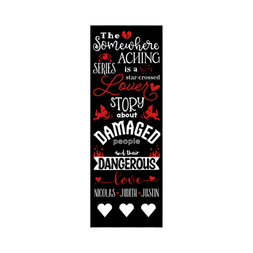 The Somewhere Aching 2x6 bookmark in white text on black featuring the theme quote in decorative script and cute art pics