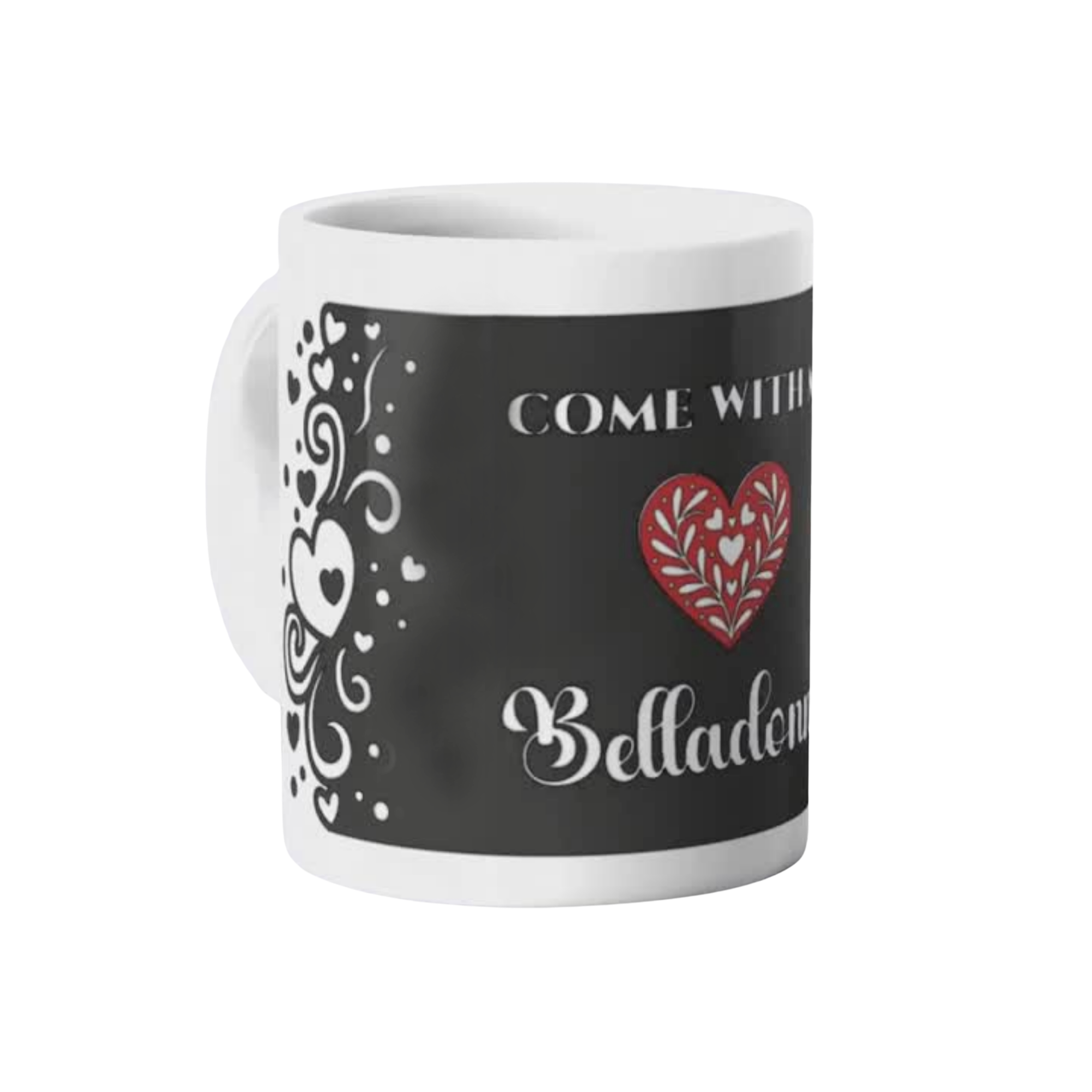 White mug with black decorated wrap design featuring a red heart and white text on a white background.