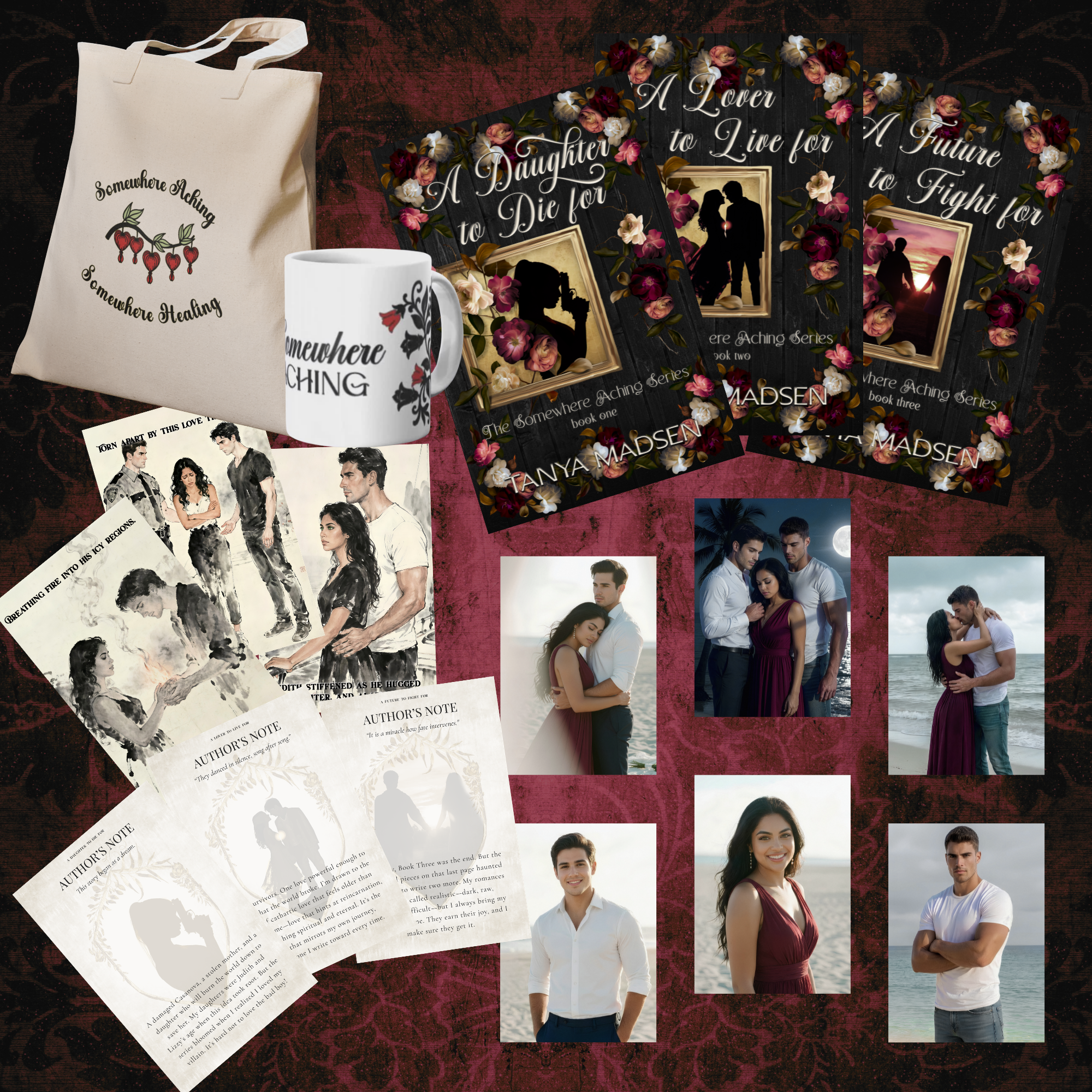 Collection of merchandise including a tote bag, mug, character art, books 1-3, ilustrative art, and annotation cards with romantic imagery on a dark background.