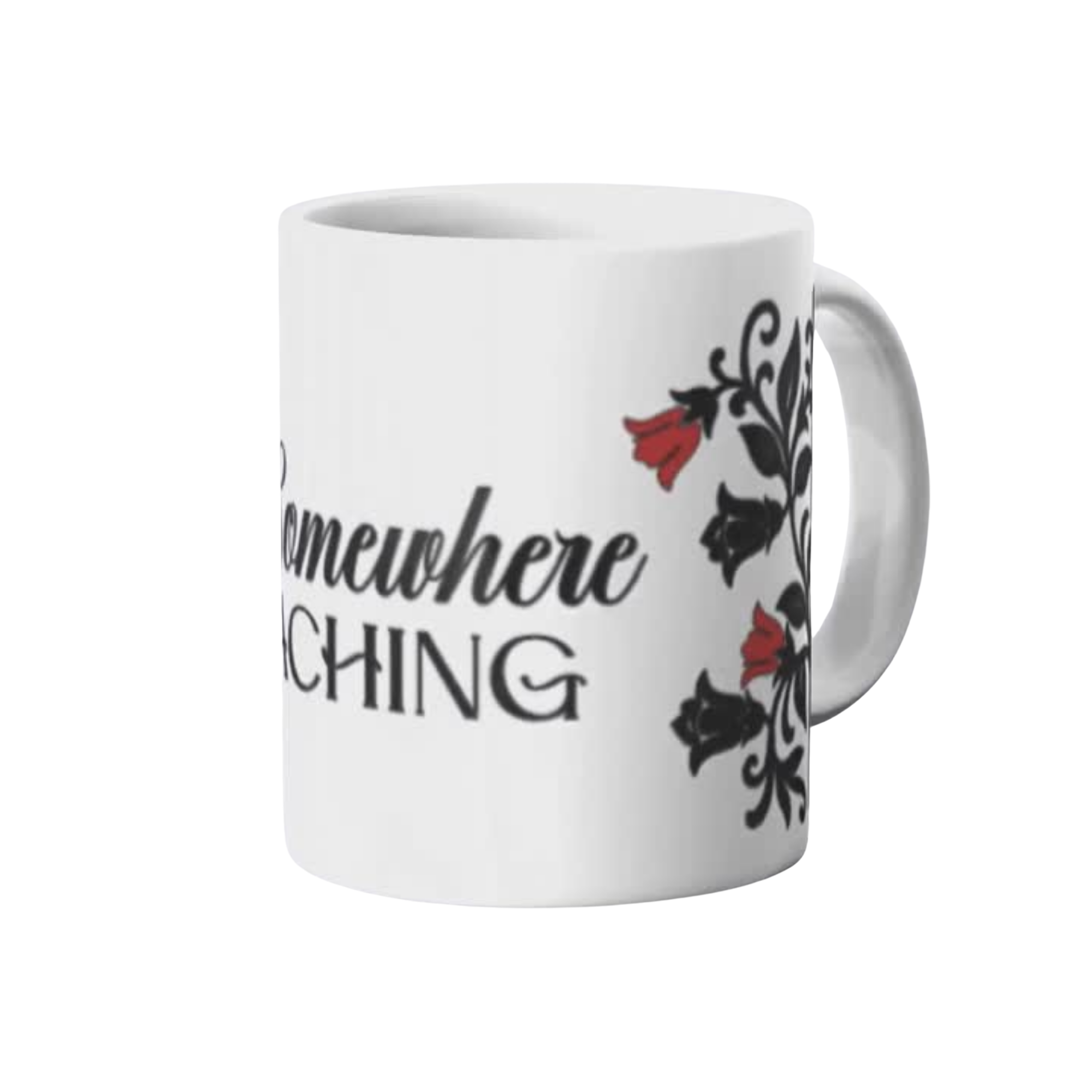 White mug with red belladonna floral design and text on a white background.