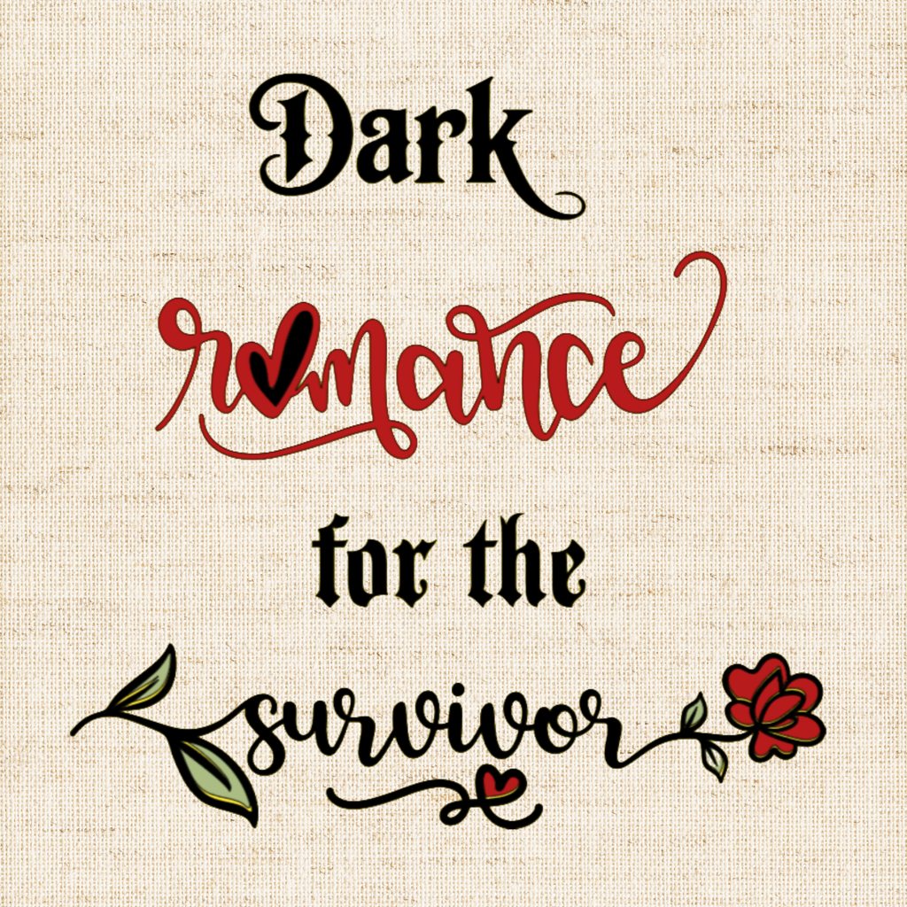 A close-up of the canvas tote design illustrated with the quote: “Dark romance for the survivor” paired with an intricate red rose.