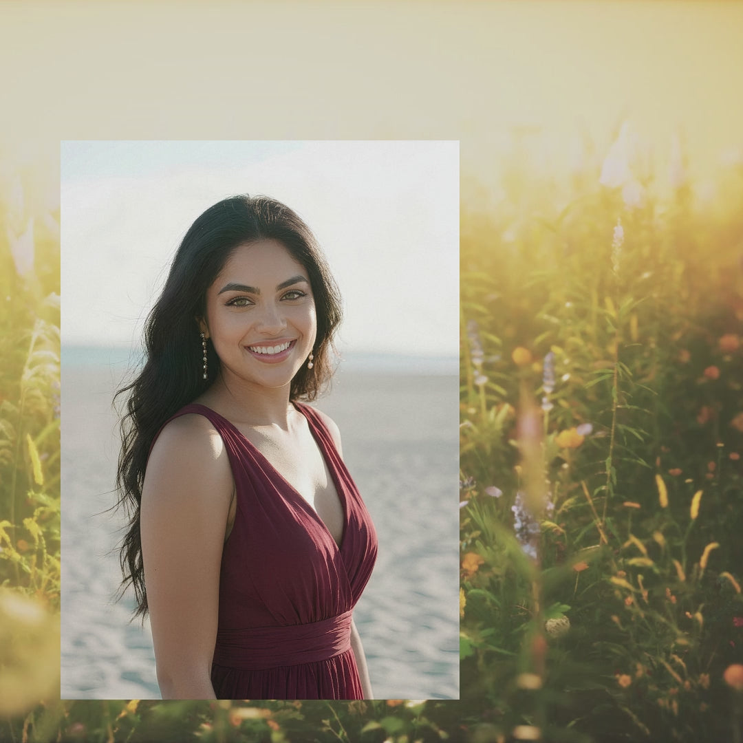 A video showing a photo of Judith smiling at the camera, standing by the ocean in a burgundy dress. The photo appears over a field of flowers with butterflies moving in the breeze.