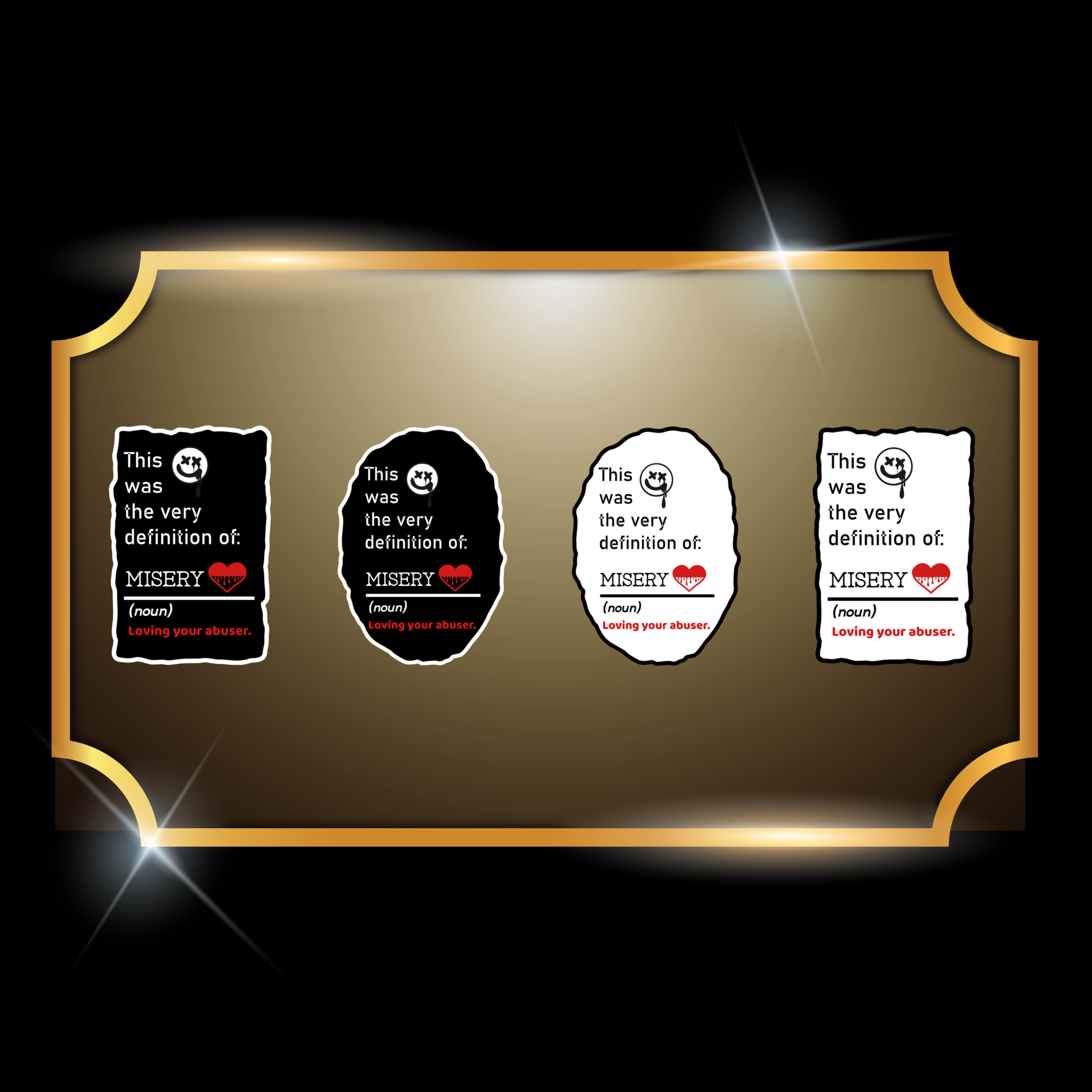 A live video of the “Misery” quote sticker created by Tanya Madsen to show sticker quality and shine.