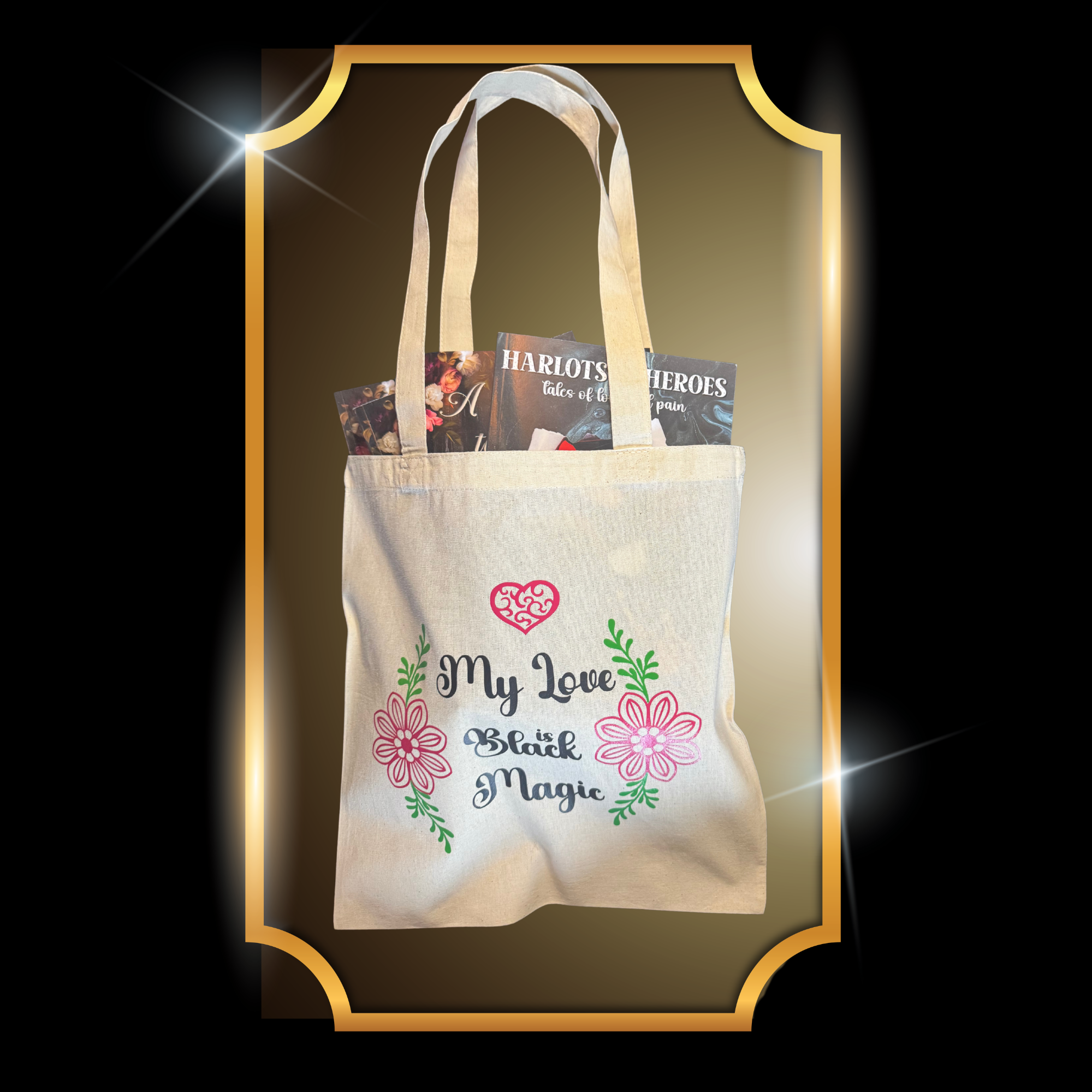 A video of canvas tote illustrated with the quote: “My Love is Black Magic” in boho script, paired with a heart and flowers.