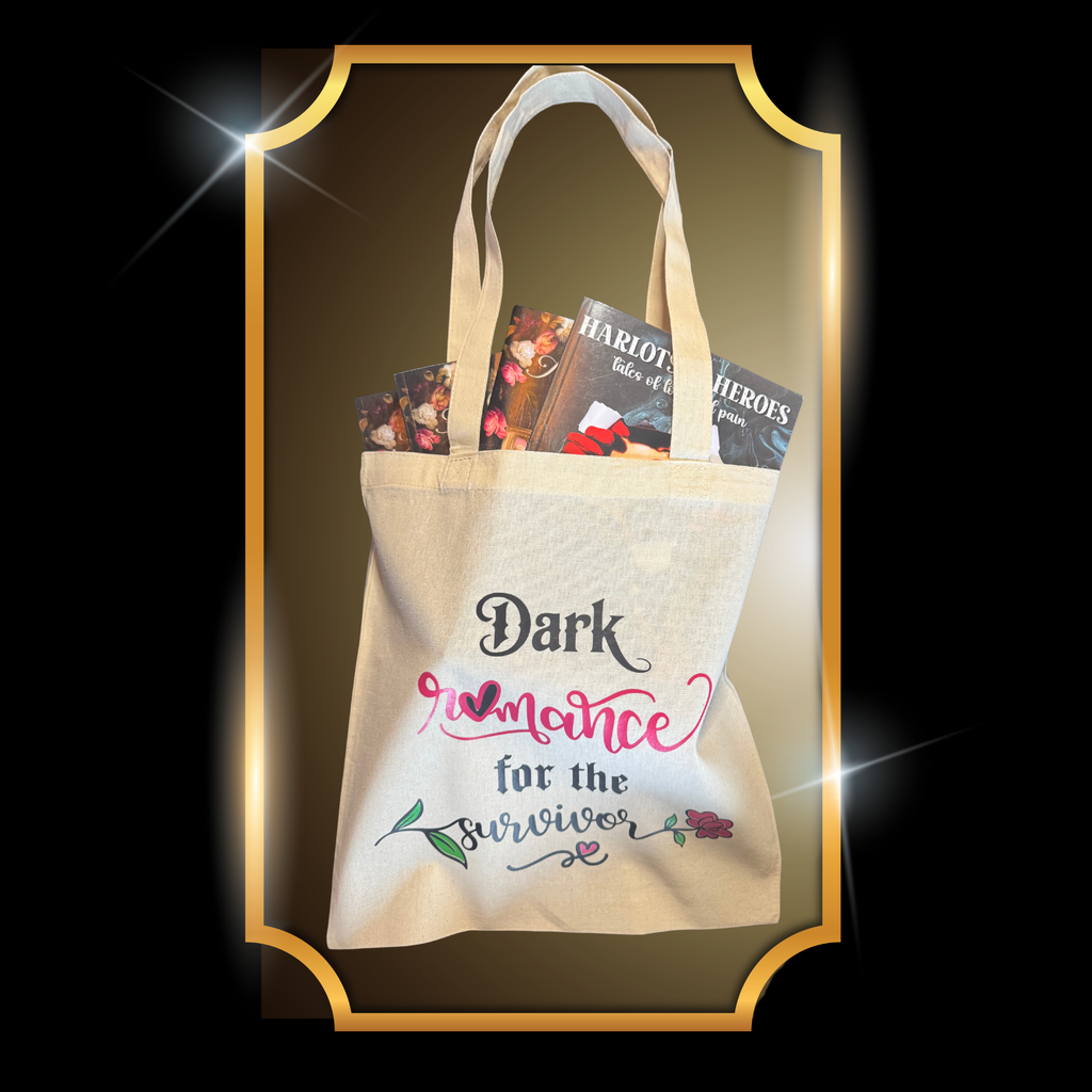 A video of canvas tote illustrated with the quote: “Dark romance for the survivor” paired with an intricate red rose.