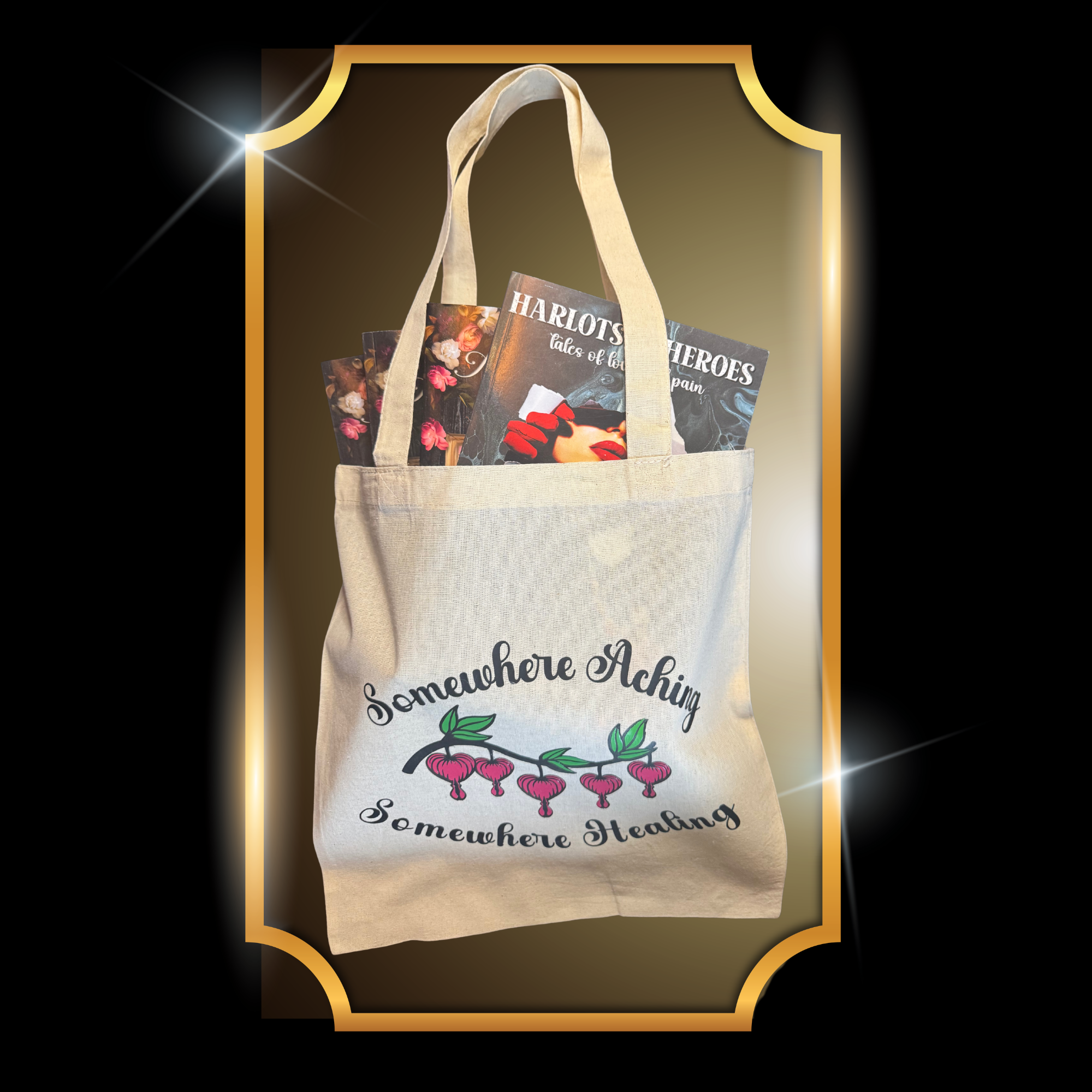 A video of canvas tote illustrated with the quote “Somewhere Aching, Somewhere Healing” paired with a cluster of bleeding hearts.