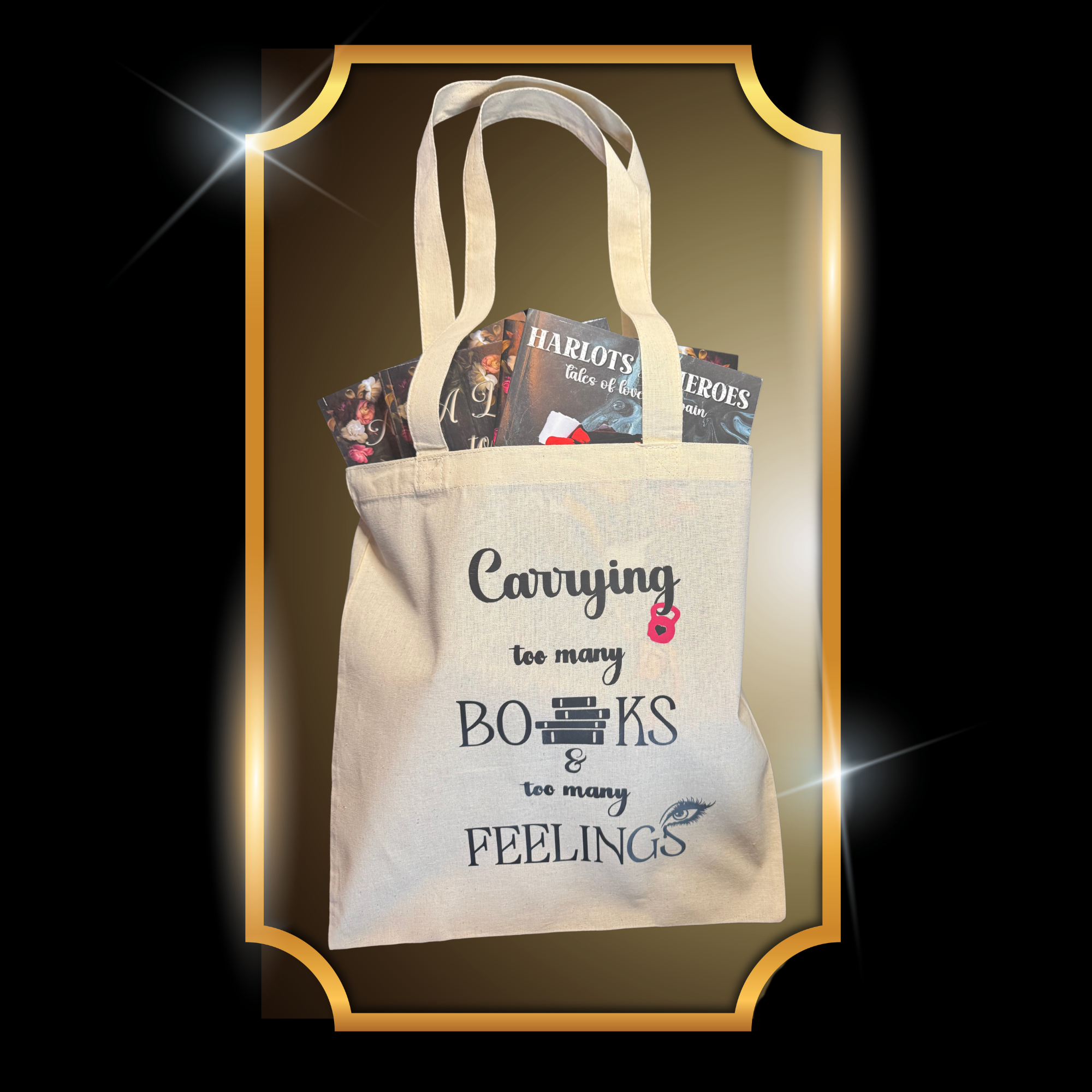 A video of canvas tote illustrated with the quote: “Carrying too many books & too many feelings” paired with books and tearful eye.