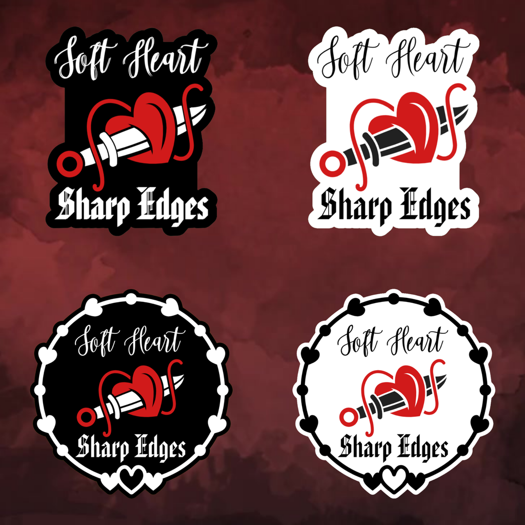 Sticker options reading ‘Soft Heart Sharp Edges’ in black‑red‑white with holographic shimmer.