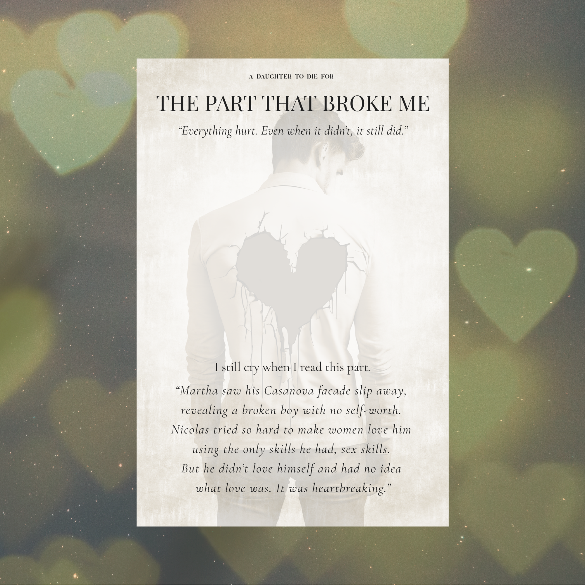 A video displaying three annotation cards from A Daughter to Die For over a muted green heart bokeh background