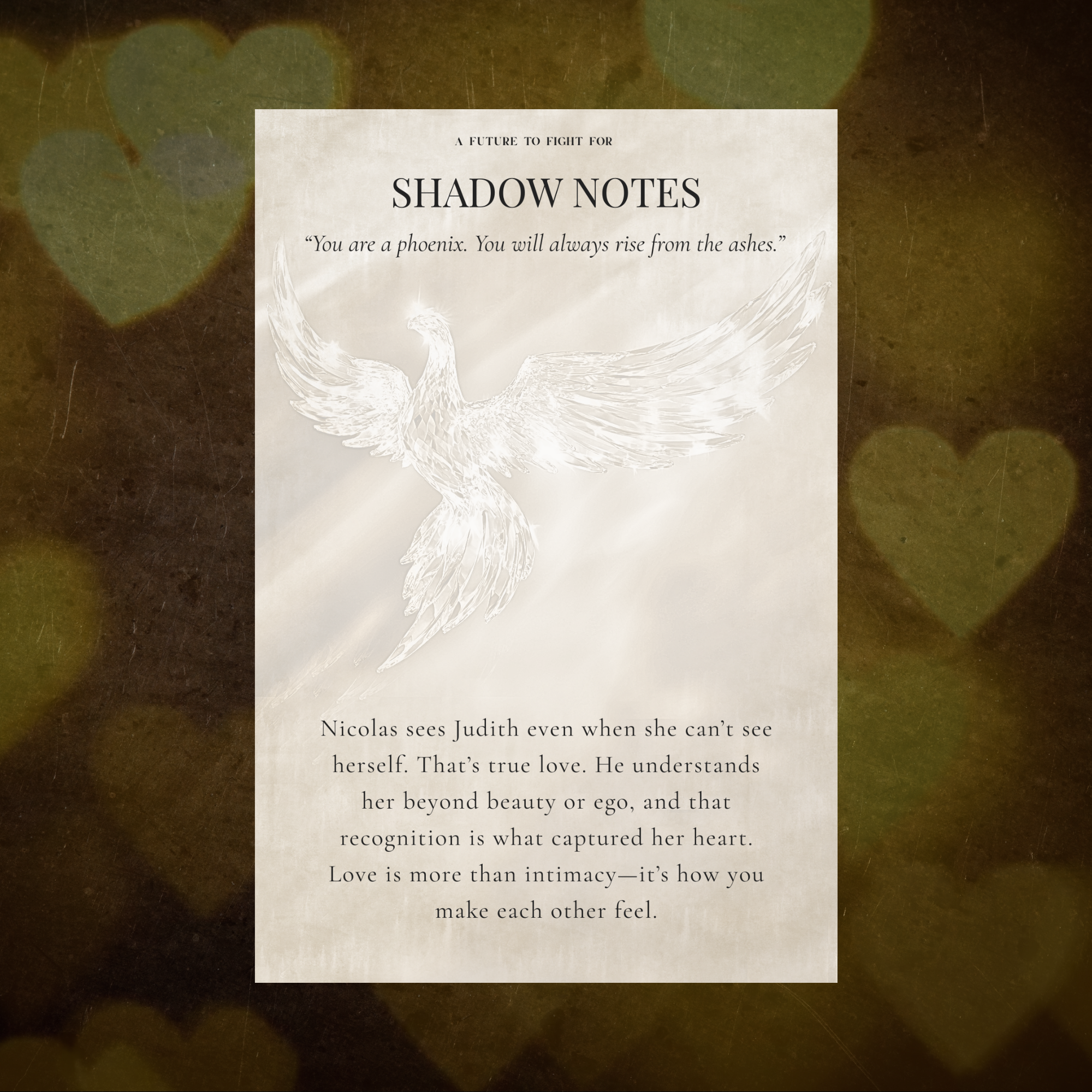 Three annotation cards from A Future to Fight For displayed over a dark bronze heart bokeh.
