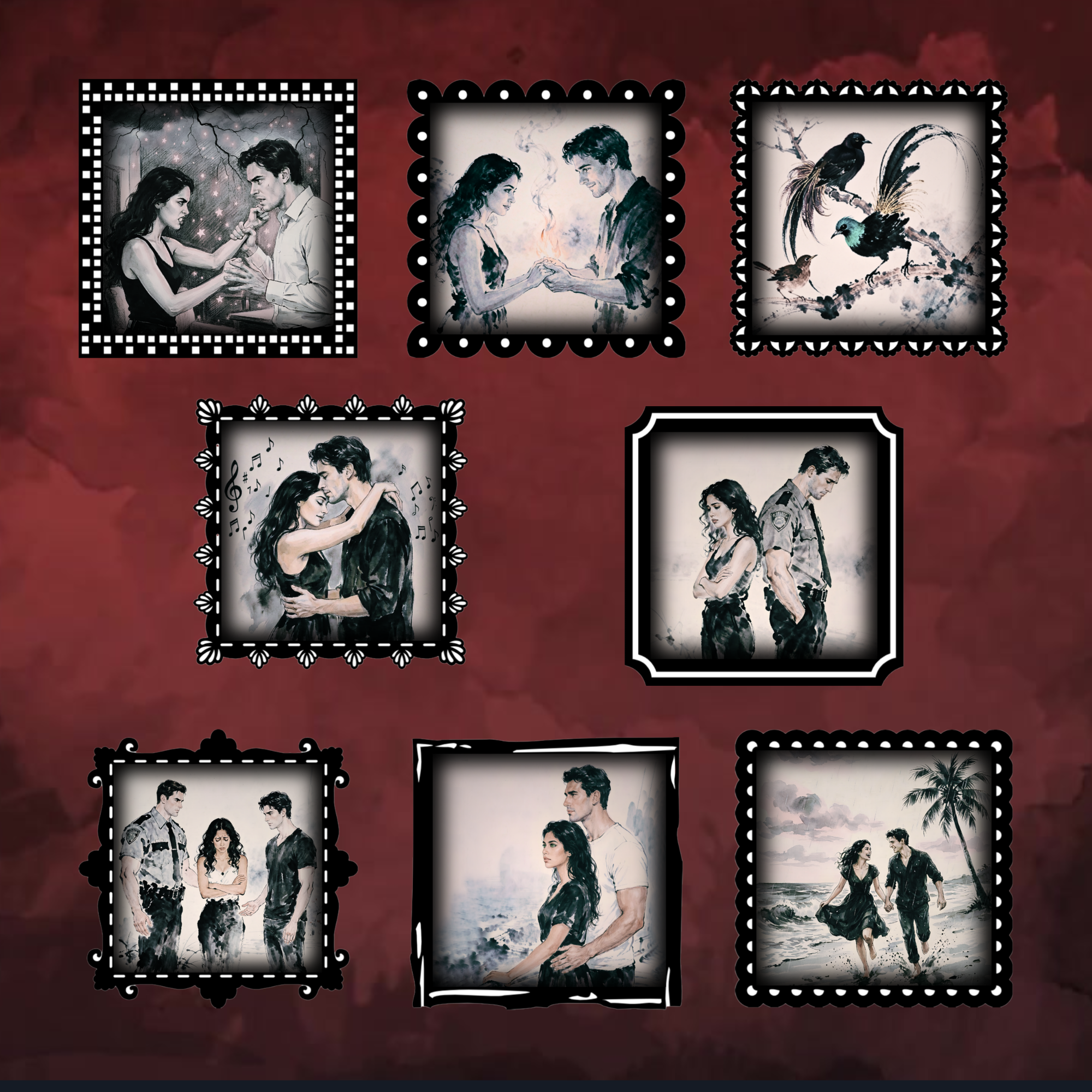 A slice show of the eight character art sticker pics on a dark red background.