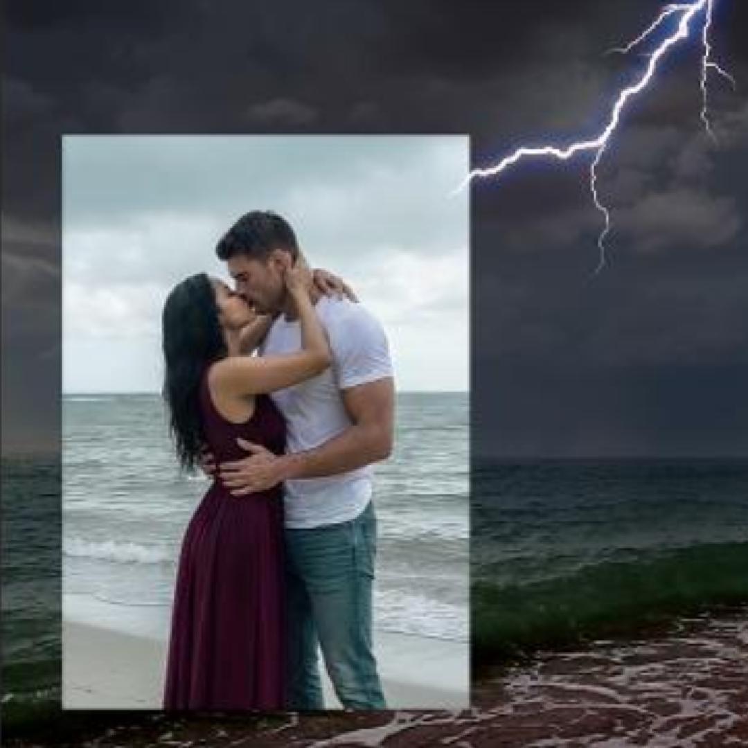 A video showing a photo of Judith and Justin embracing passionately on the beach during a storm. The photo is in front of a stormy ocean lightning streaking through the sky.