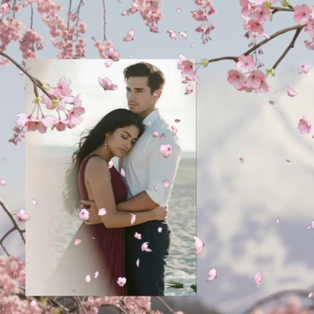 A video displaying a photo of Judith hugging Nicolas in front of the ocean, her expression is one of serenity and joy, his eyes reflect pure contentment. The photo is on a backdrop of a mountain with cherry blossoms blowing through the sky.