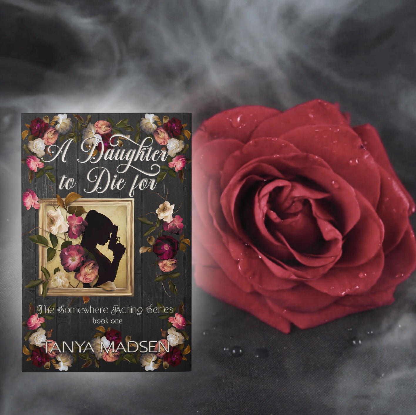 A short video showing the cover of A Daughter to Die For emerging through drifting smoke. The floral design surrounds a silhouette of a daughter praying while holding a gun. A large red rose with dewdrops sits beside the cover as the smoke moves across the frame.