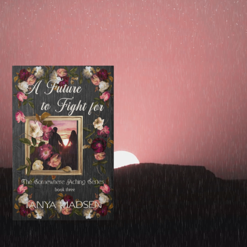 A video featuring the book A Future to Fight For displayed in front of a mountain at sunrise. A silhouetted couple holds hands as soft rain falls. A white gardenia blooms in the lower right corner as the rising sun brightens the sky, and the rain gradually fades out.