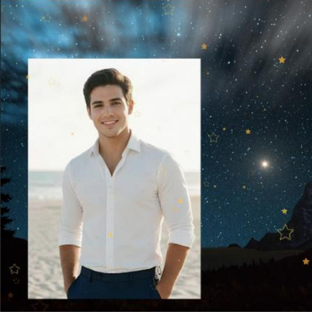 A video showing a photo of Nicolas smiling sweetly at the camera, wearing a white dress shirt and blue slacks by the ocean. The photo appears over a dark starry night sky with whimsical golden stars moving across the screen.