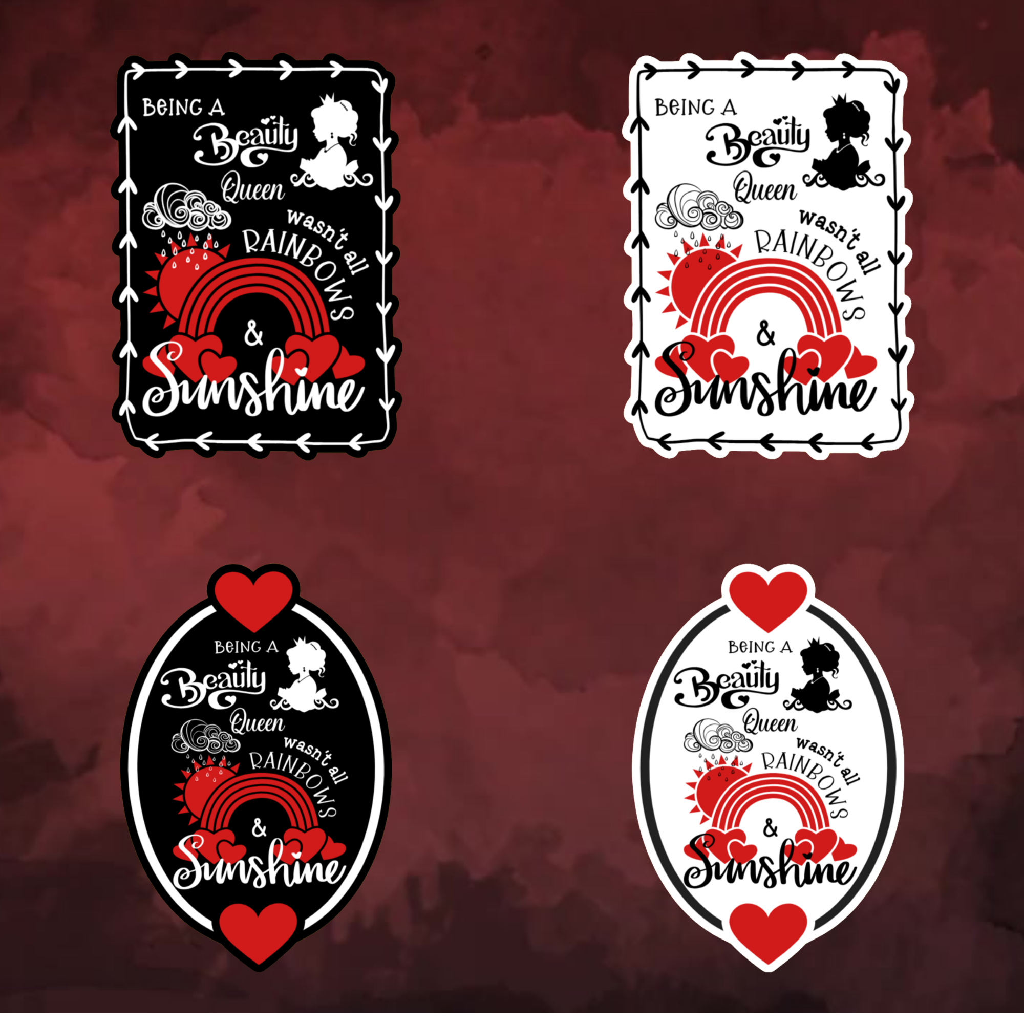 A video slideshow of the “Beauty" quote sticker from book one in a black‑white‑red design in square and circle, black and white options.