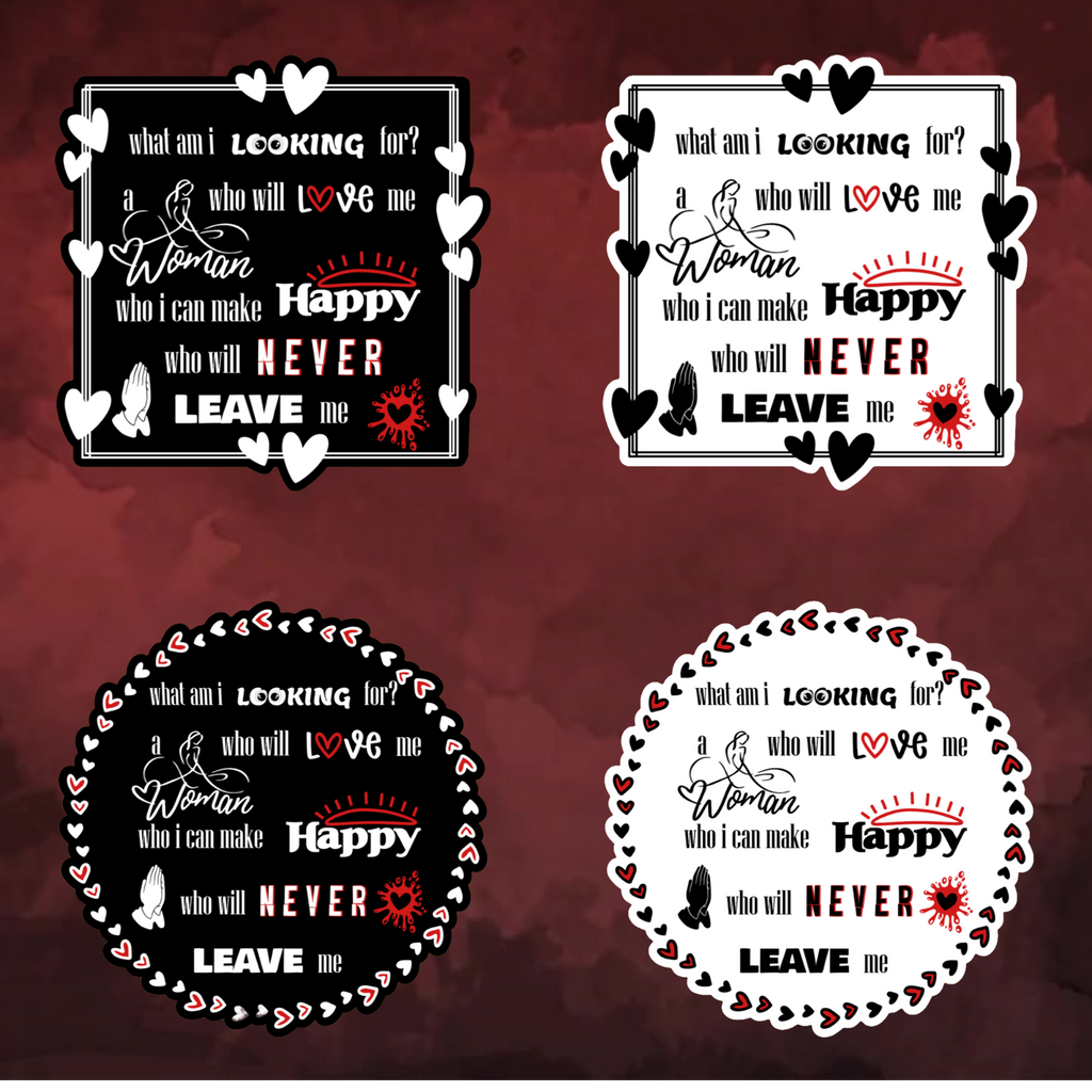A video slideshow of the “Looking” quote sticker from book one in a black‑white‑red design in square and circle, black and white options.