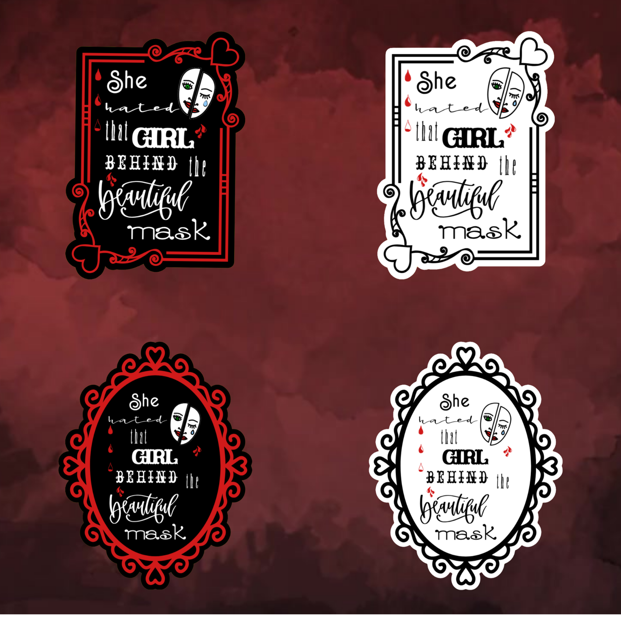 A video slideshow of the “Mask” quote sticker from book one in a black‑white‑red design in square and circle, black and white options.