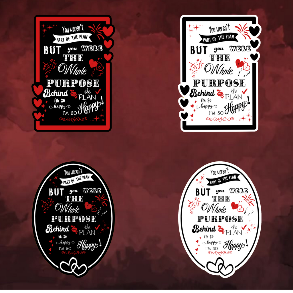 A video slideshow of the “Purpose” quote sticker from book one in a black‑white‑red design in square and circle, black and white options.