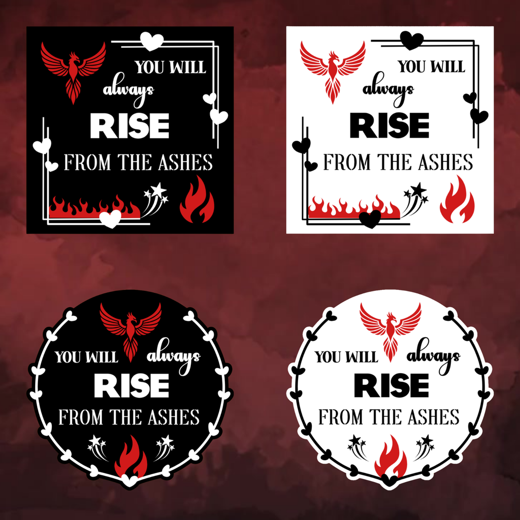 A video slideshow of the “Ashes” quote sticker from book three in a black‑white‑red design in square and circle, black and white options.