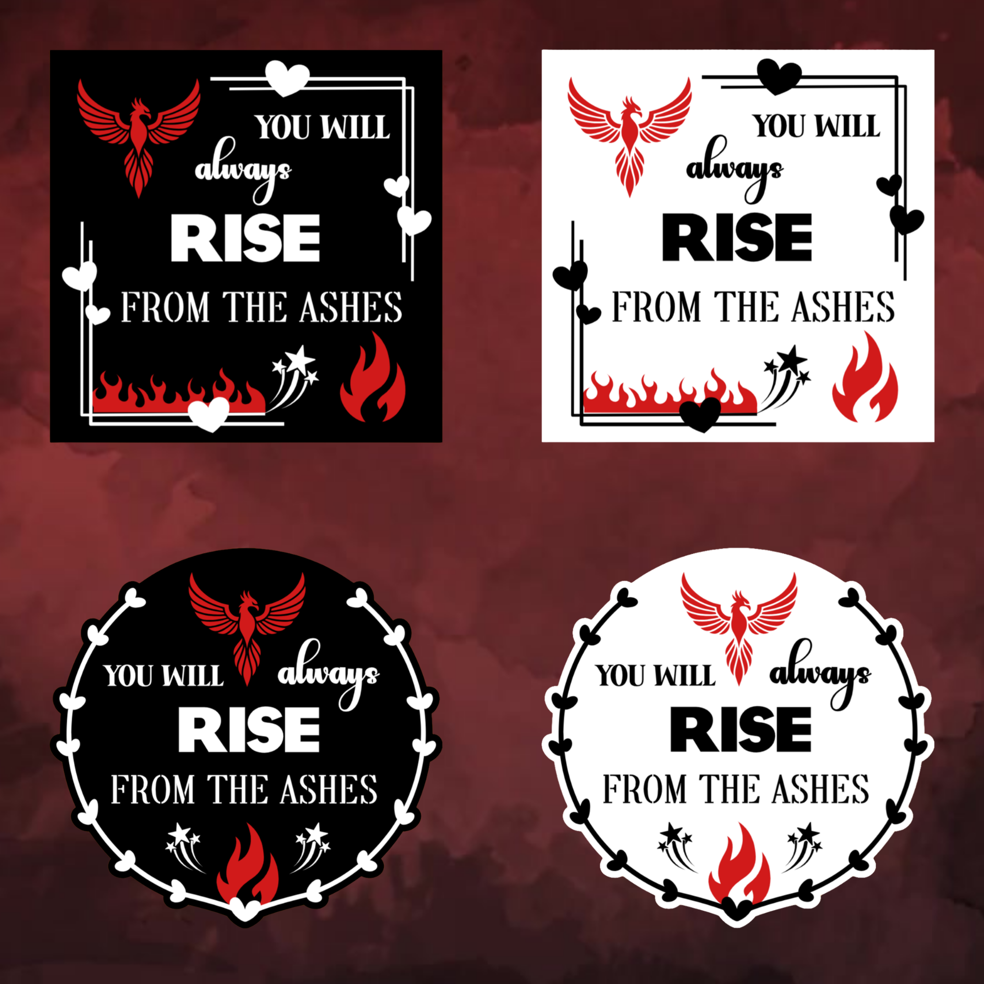 A video slideshow of the “Ashes” quote sticker from book three in a black‑white‑red design in square and circle, black and white options.
