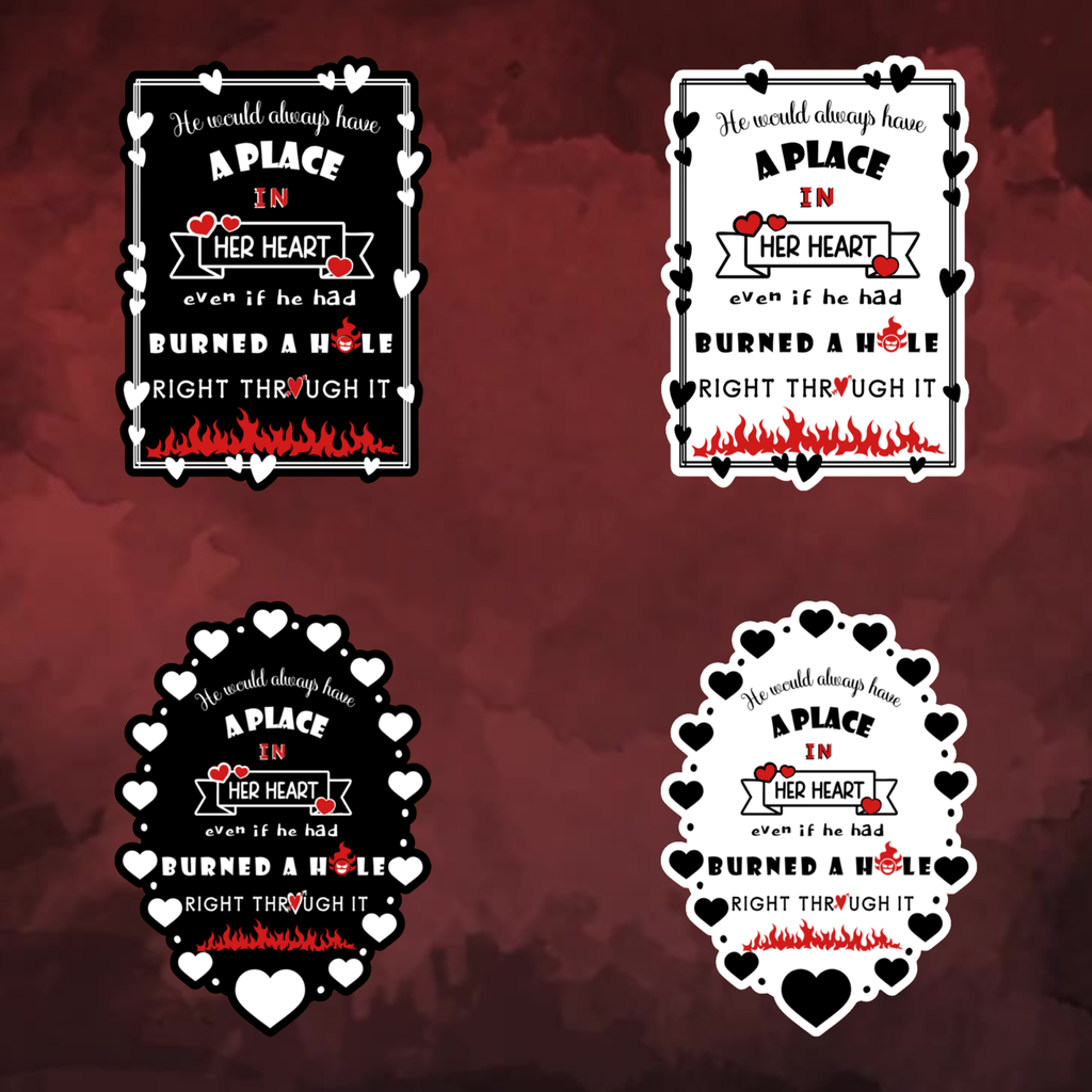 A video slideshow of the “Burned” quote sticker from book three in a black‑white‑red design in square and circle, black and white options.