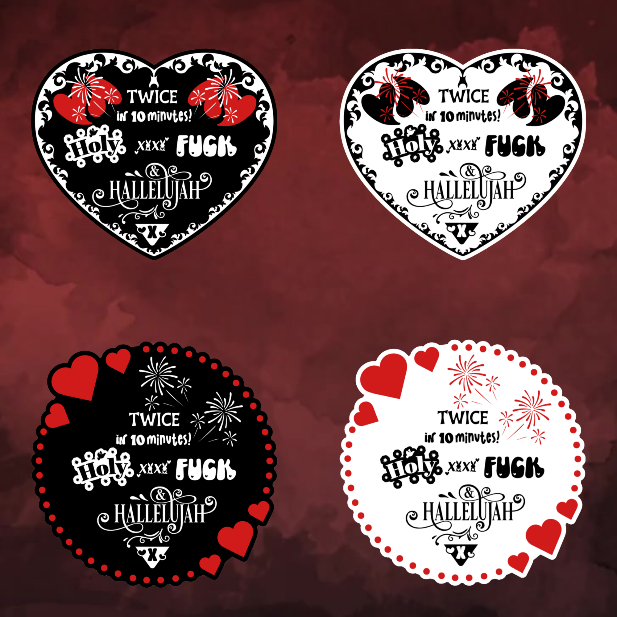 A video slideshow of the “Hallelujah” quote sticker from book three in a black‑white‑red design in square and circle, black and white options.