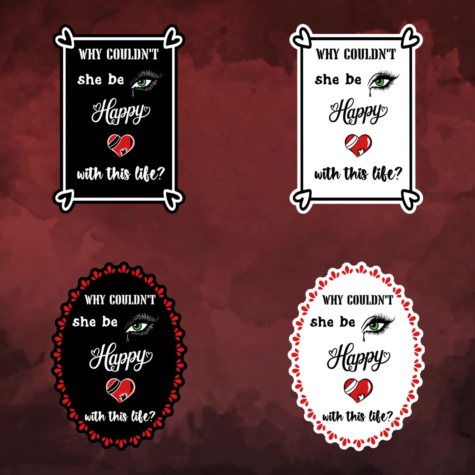 A video slideshow of the “Happy” quote sticker from book three in a black‑white‑red design in square and circle, black and white options.
