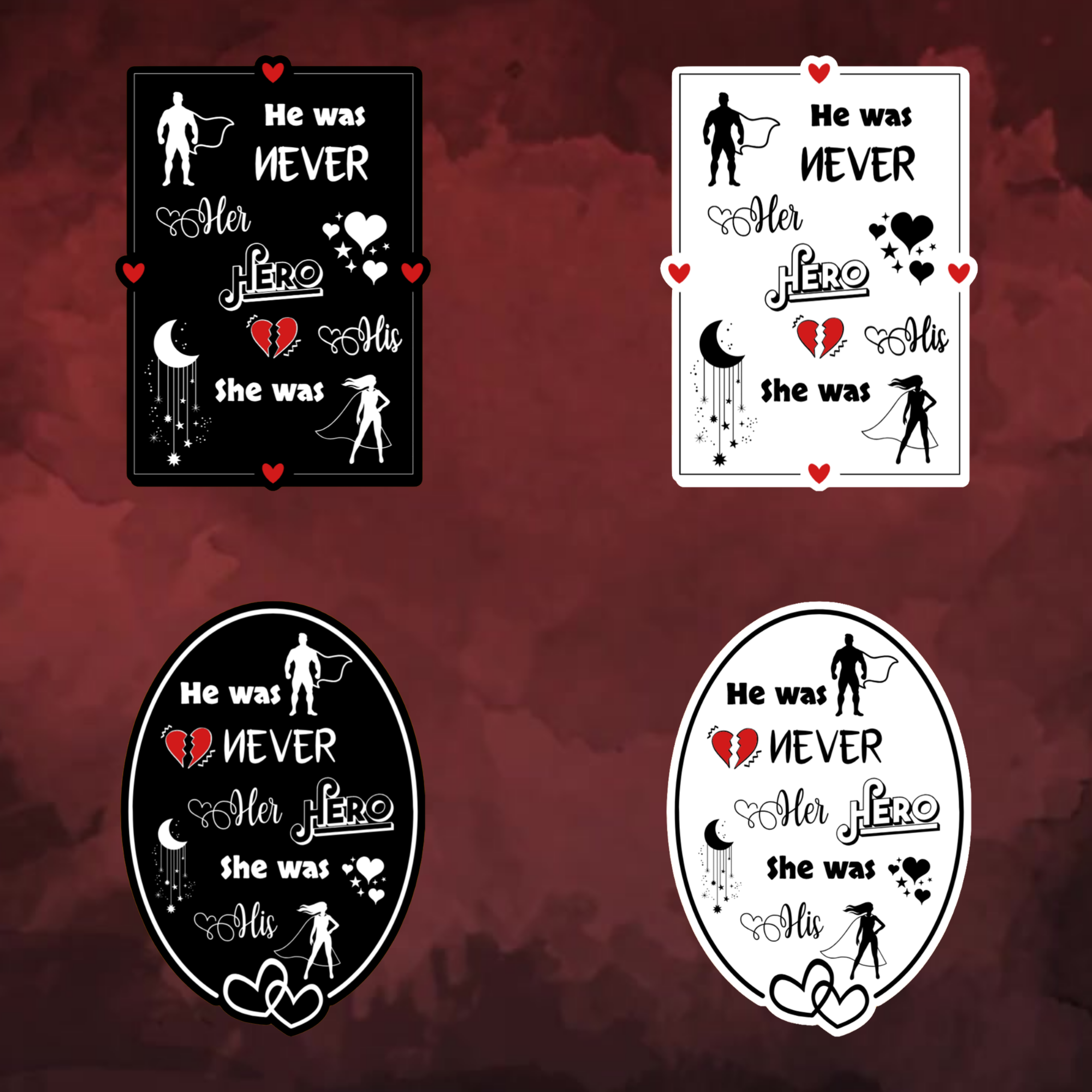 A video slideshow of the Hero” quote sticker from book three in a black‑white‑red design in square and circle, black and white options.