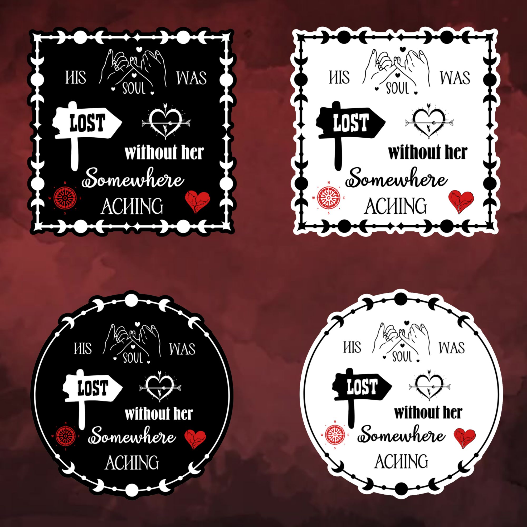 A video slideshow of the “Aching” quote sticker from book two in a black‑white‑red design in square and circle, black and white options.