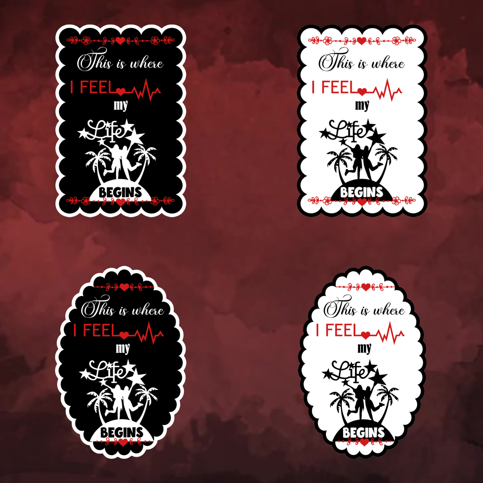 A video slideshow of the “Begins” quote sticker from book two in a black‑white‑red design in square and circle, black and white options.